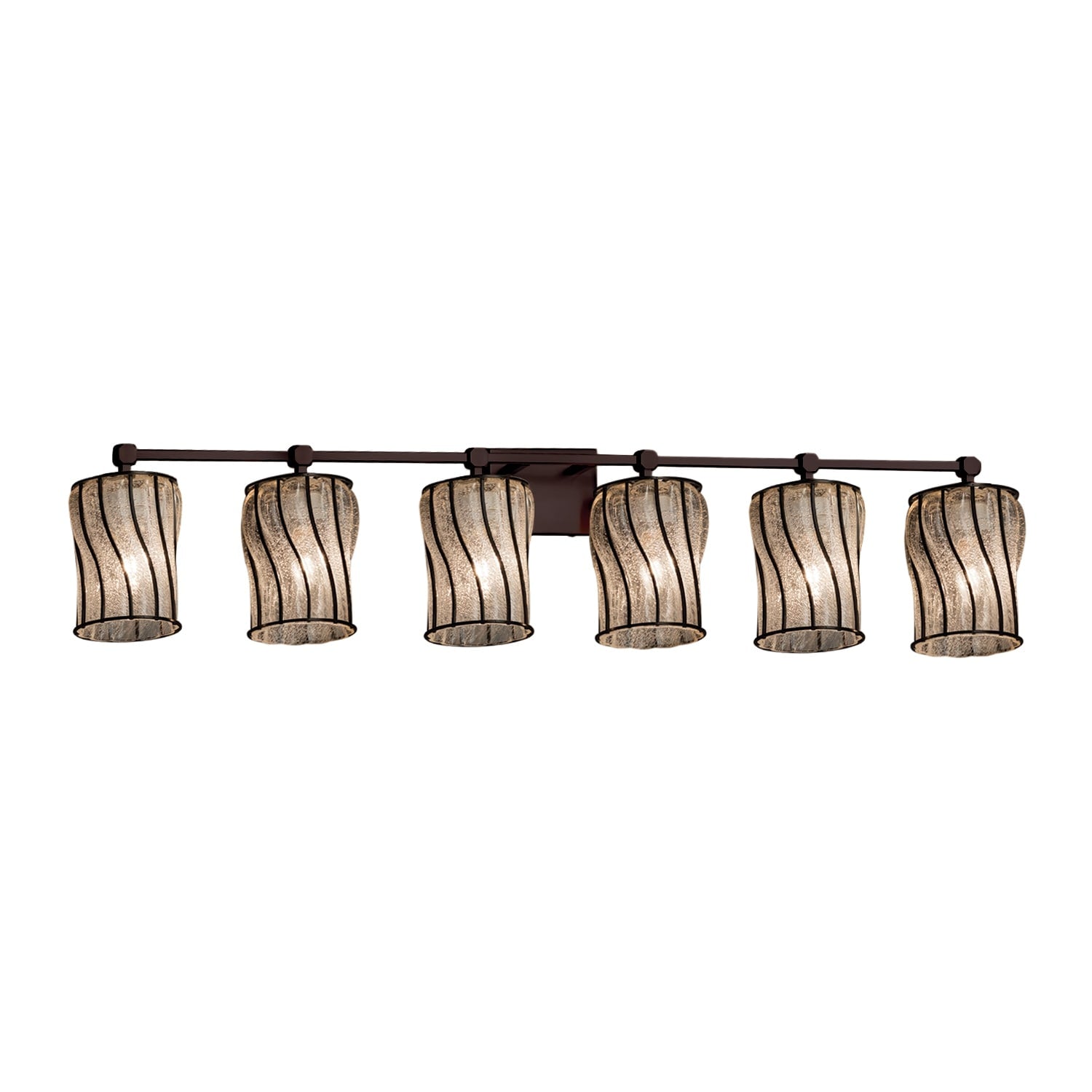 Justice Design Group Wire Glass Tetra 6 Light Dark Bronze Bath Bar Swirl With Clear Bubbles Cylinder Flat Rim Shade