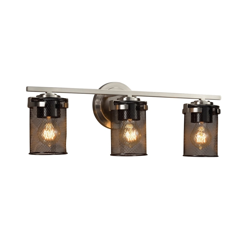 Justice Design Group Wire Mesh Atlas 3 Light Brushed Nickel Bath Bar Cylinder Flat Rim Shade