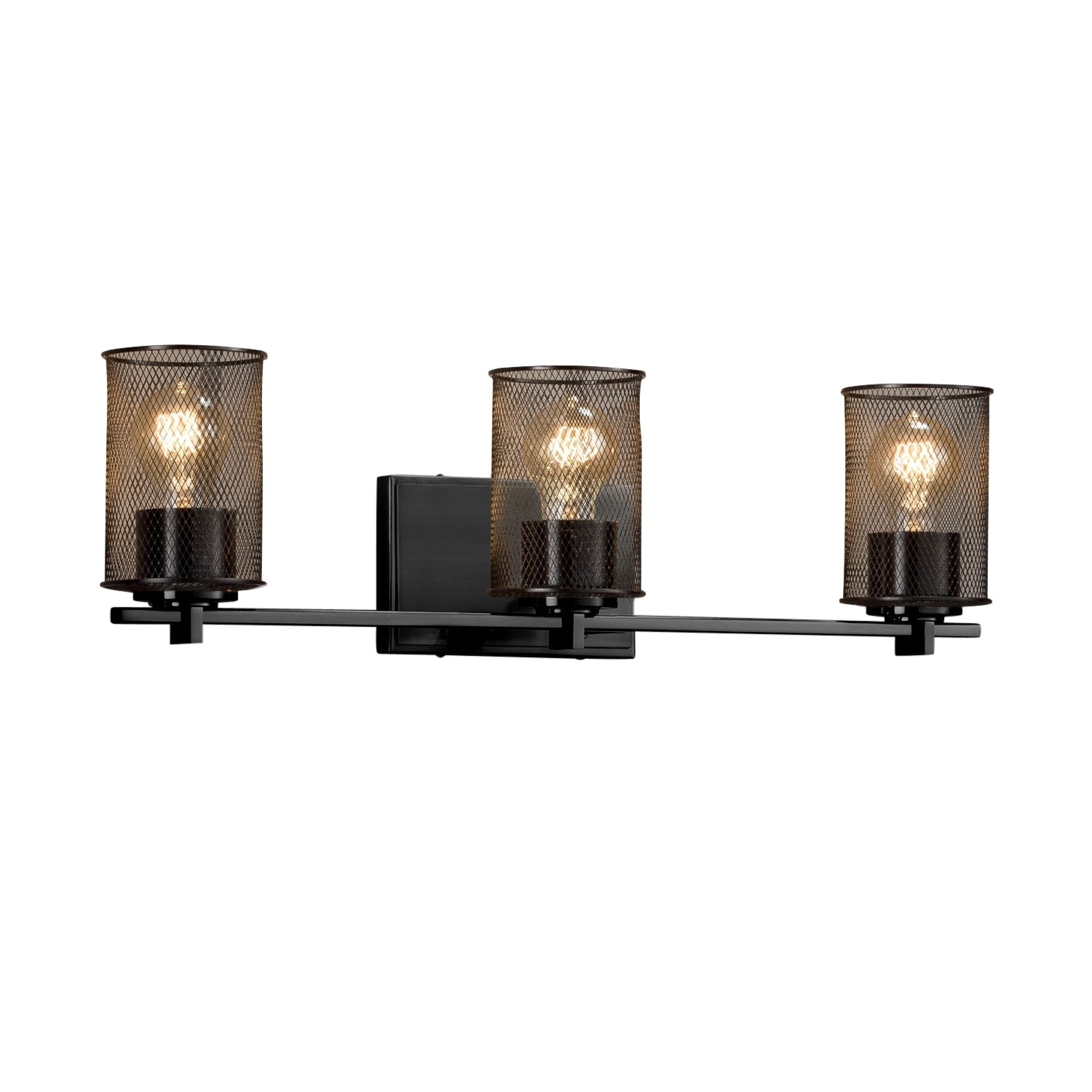 Justice Design Group Wire Mesh Era 3 Light Matte Black Bath Bar Cylinder Flat Rim Shade