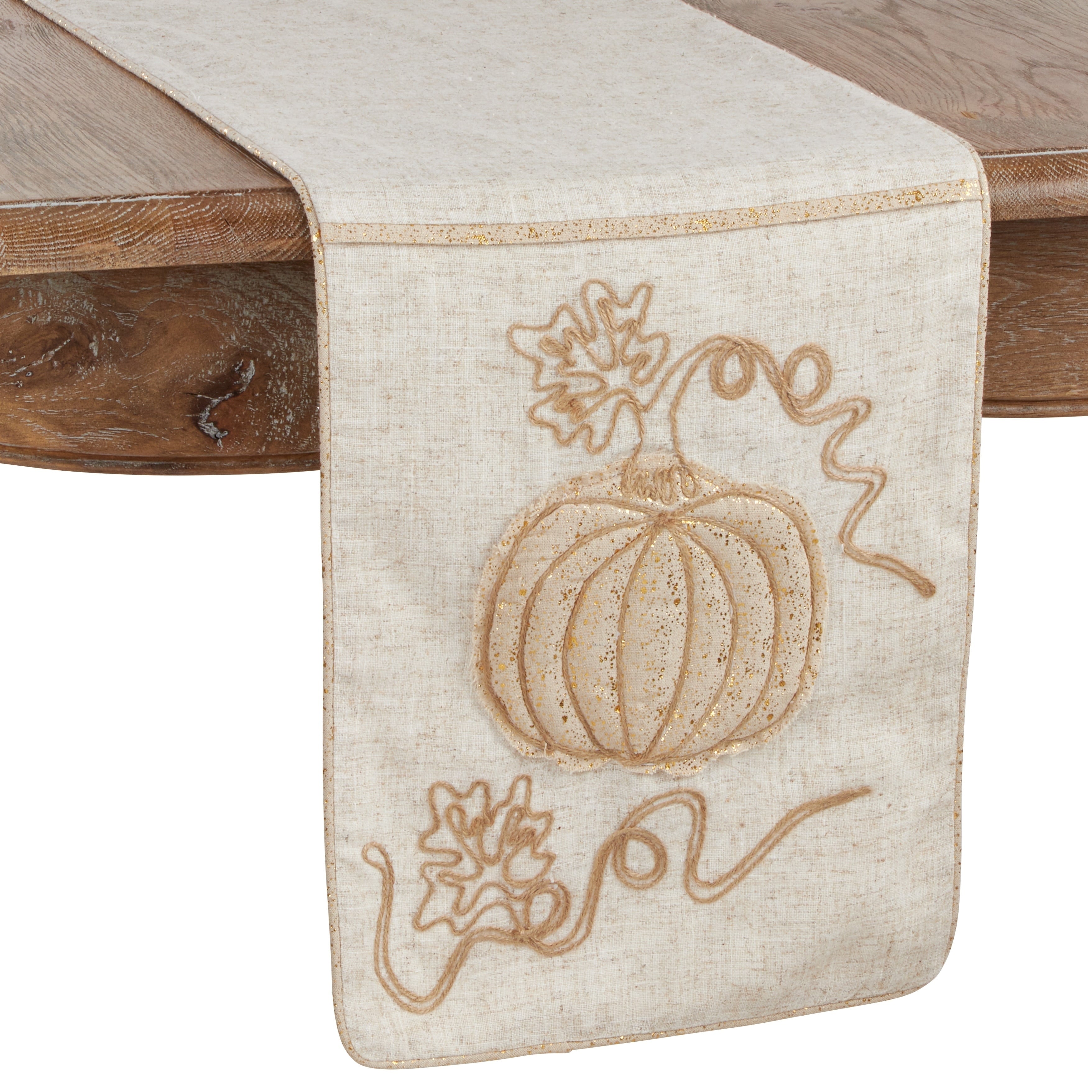 Jute Table Runner With Embroidered Pumpkin Design.