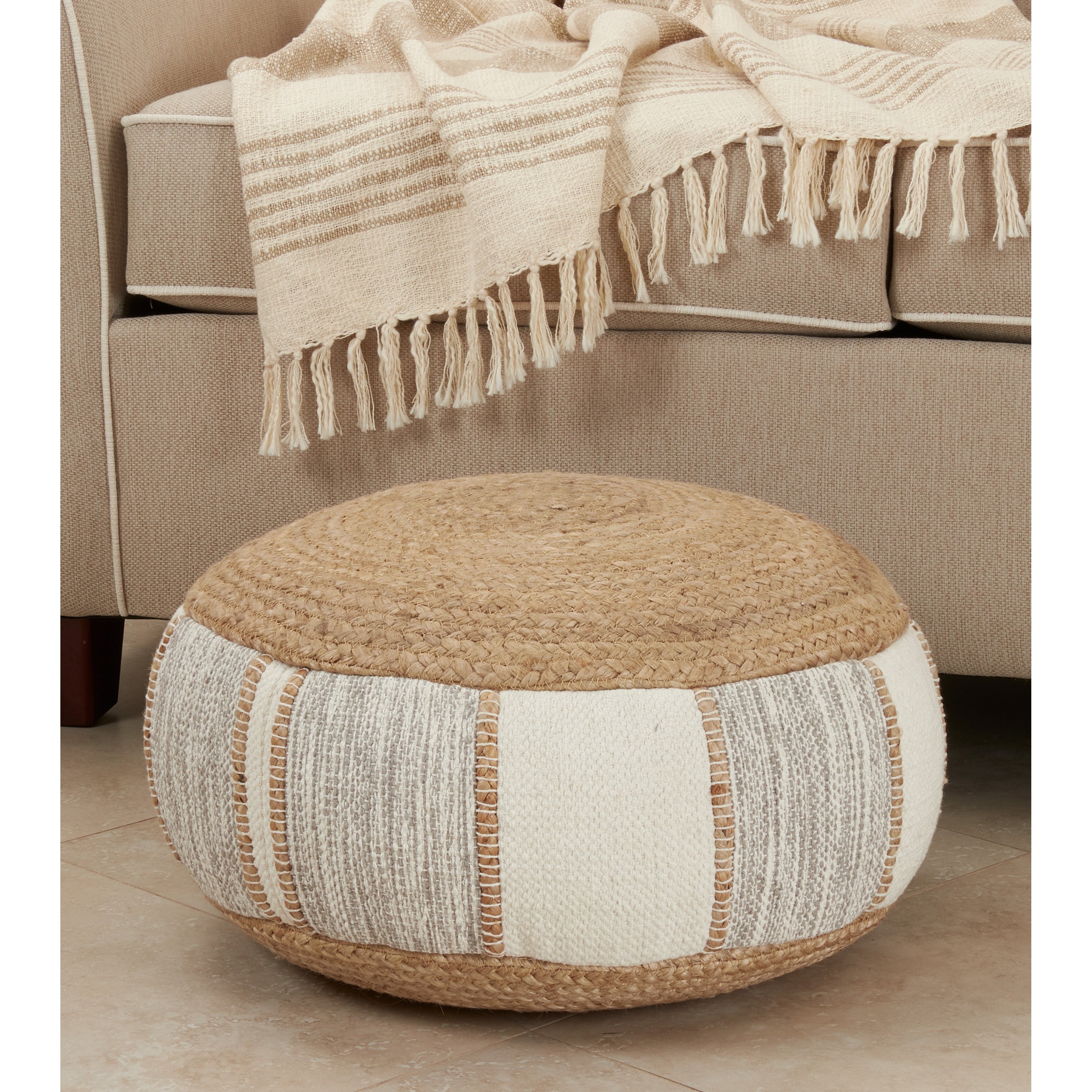 Jute And Cotton Pouf With Woven Design