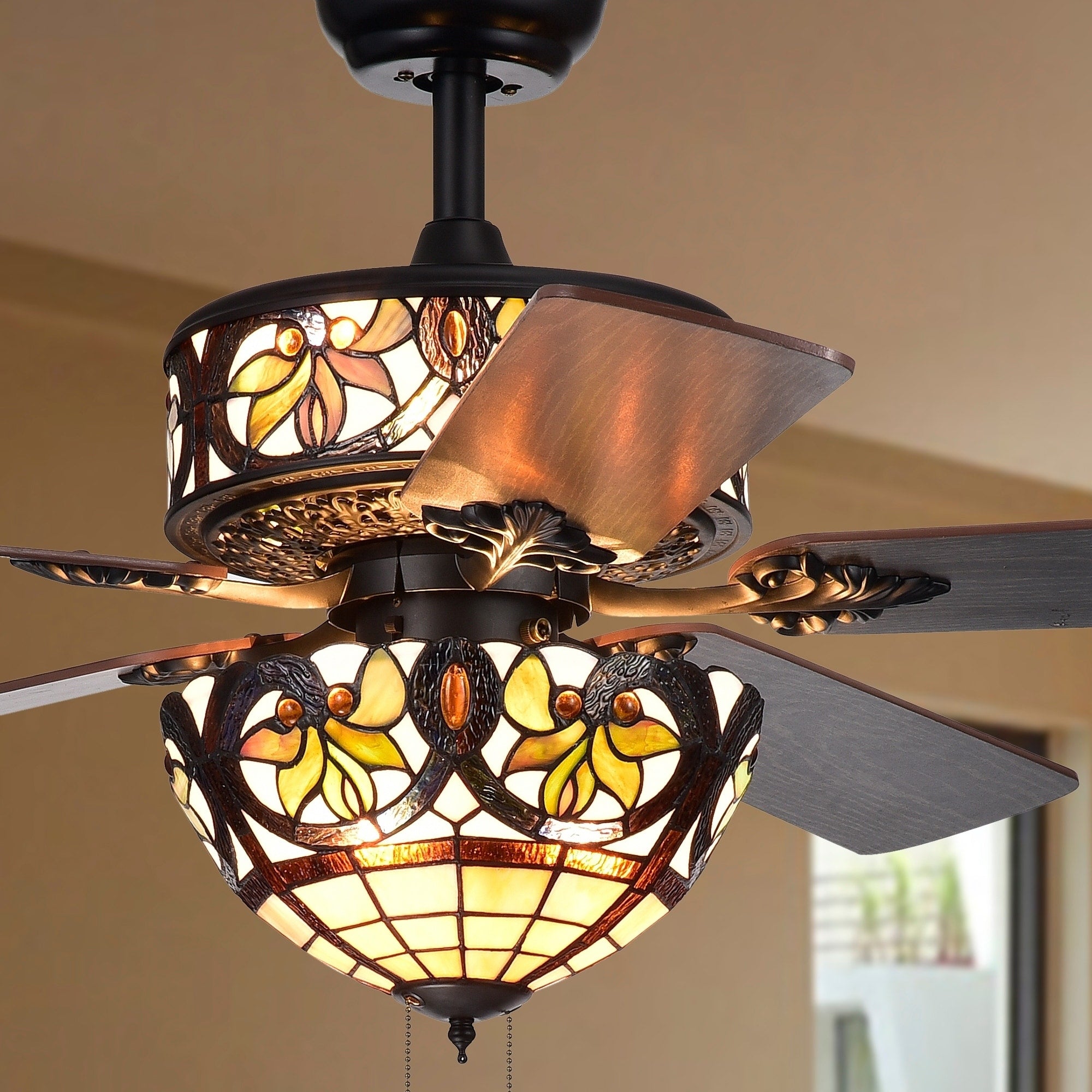 Jyrku 6 Light Yellow Flower Tiffany 5 Blade 52 Inch Matte Black Ceiling Fan