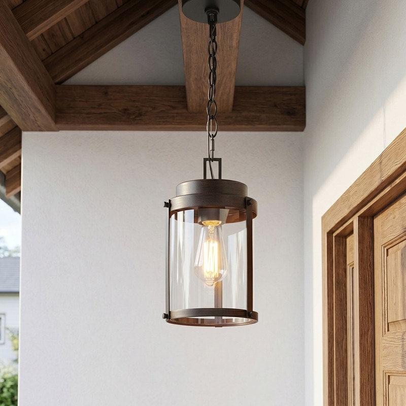 Kawoti 1 Ligh Sandy Black Cylinder Outdoor Pendant Hanging Light With Glass Shade D7 H12 H15.75 53.5