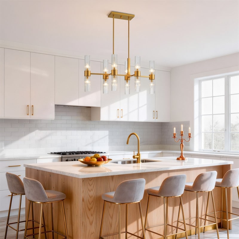 Kawoti 12 Light Painted Gold Island Pendant Light Fixture With Ribbed Glass Shade