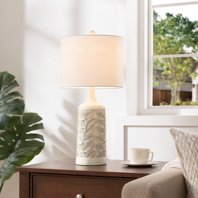 Kawoti 23.5 In. Gray Contemporary Table Lamp With Leaf Carved Base And White Fabric Shade For Bedroom Living Room