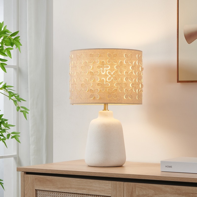 Kawoti Modern White Ceramic Table Lamp With Floral Cutting Shade W11 X H17.25
