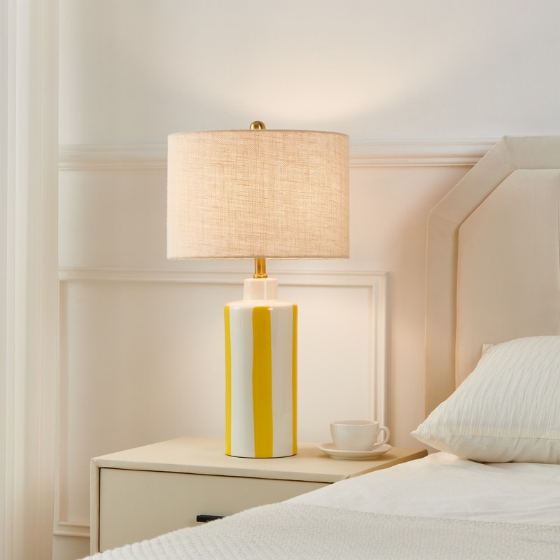 Kawoti Modern White With Yellow Stripe Ceramic Table Lamp