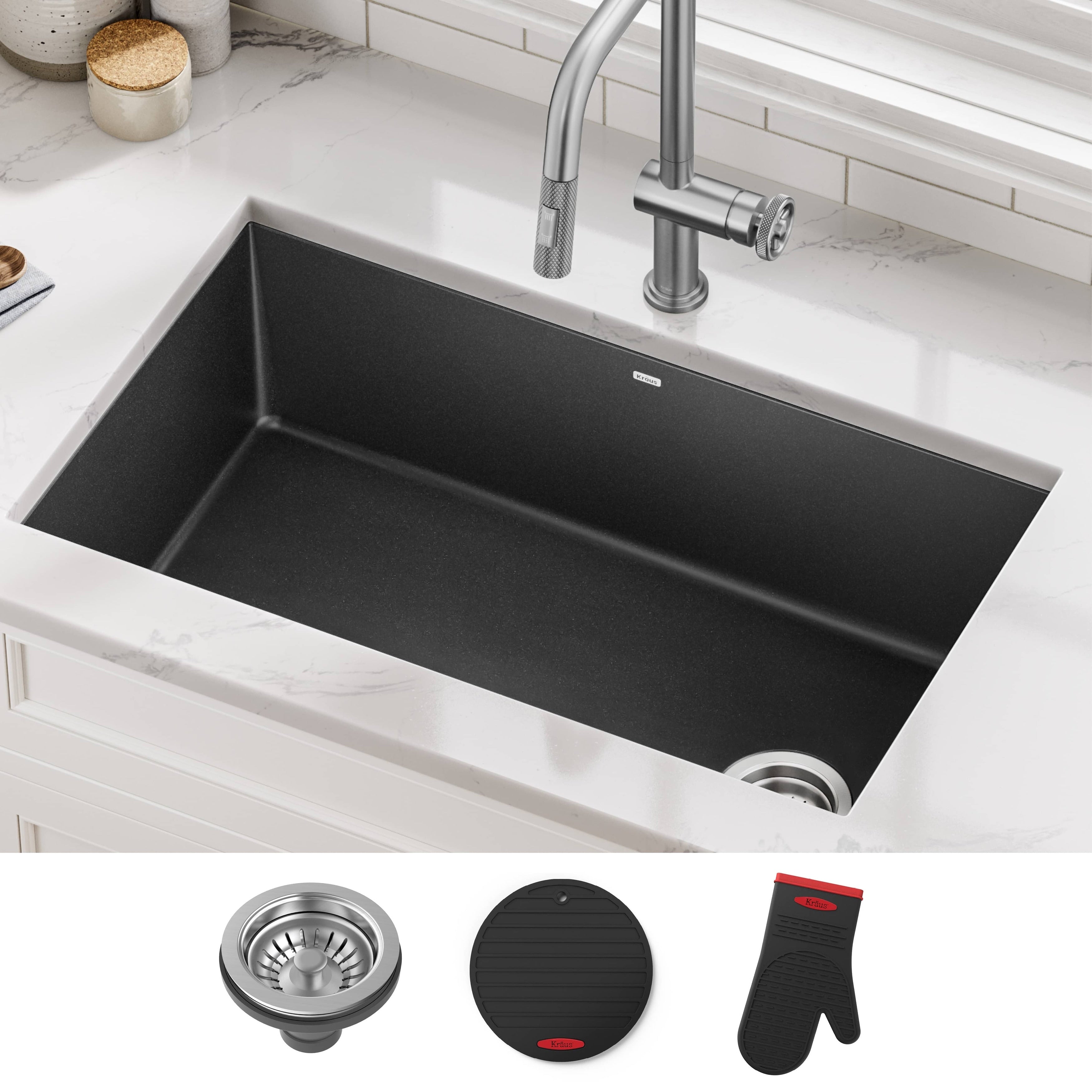Kraus Kgd 55 Forteza 32 In Undermount 1 Bowl Granite Kitchen Sink Black Grey Strainer Mitt Trivet