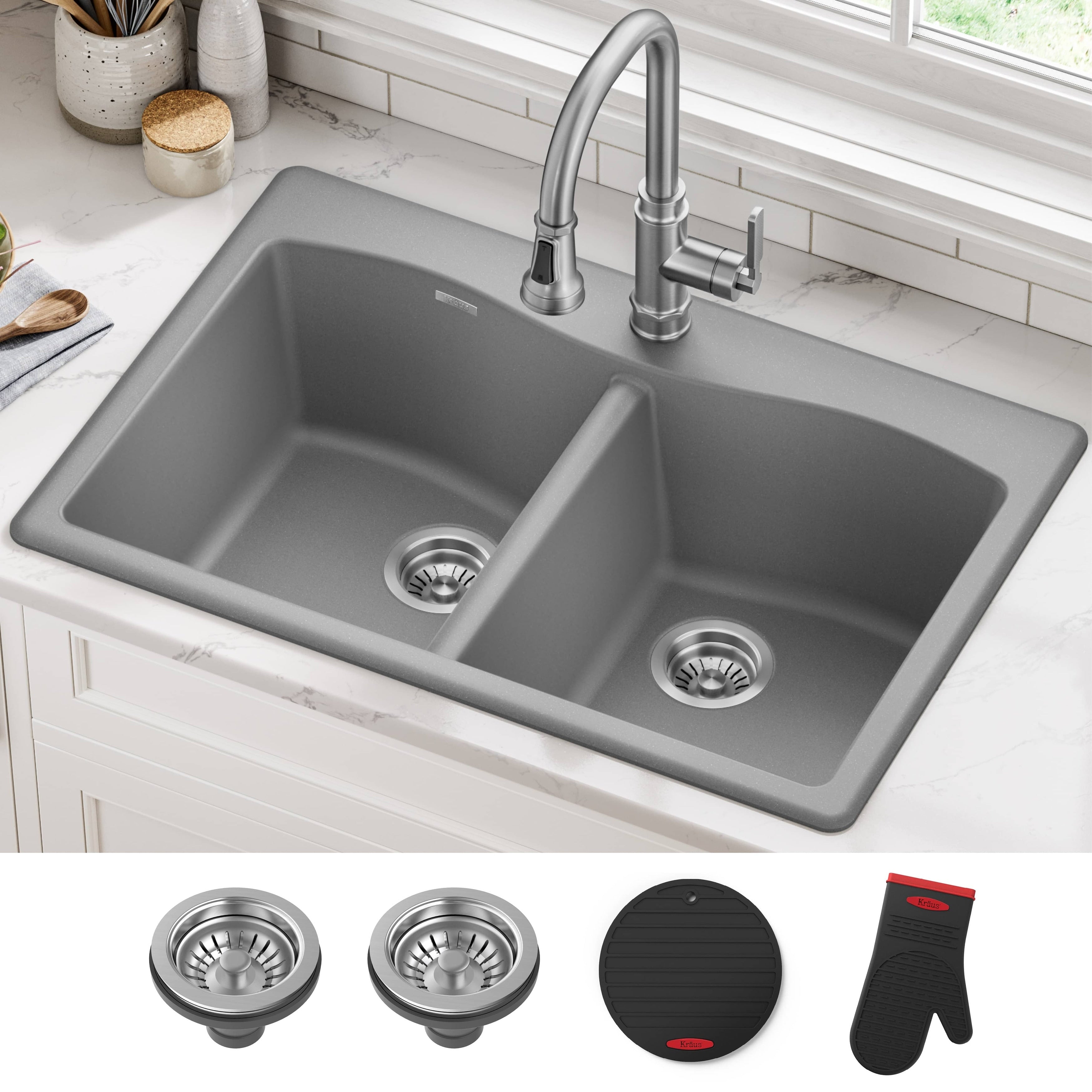 Kraus Kgd 52 Forteza 33 In Undermount Drop In Dual Mount 50 50 2 Bowl Granite Kitchen Sink Strainers Mitt Trivet