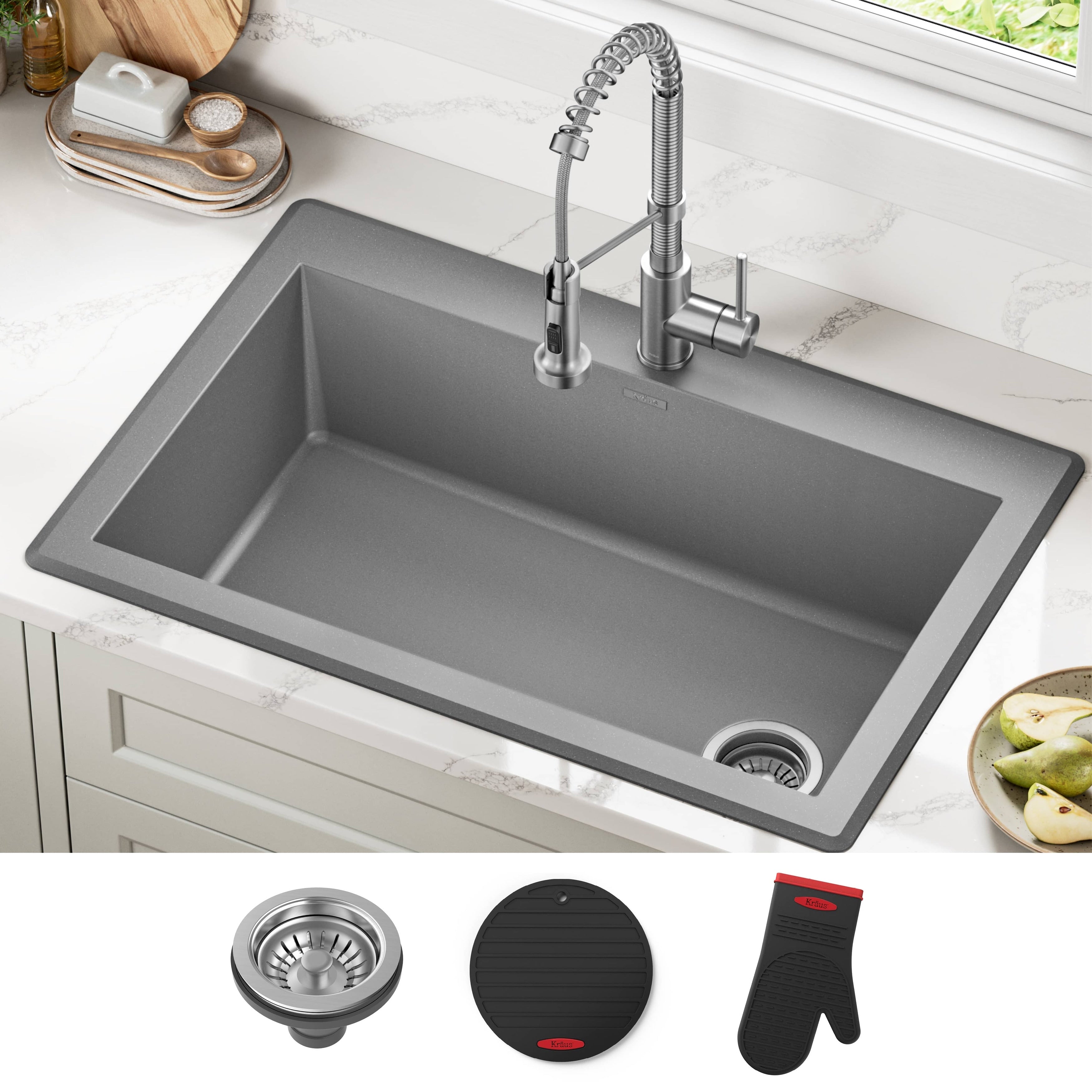 Kraus Kgd 54 Forteza 33 In Undermount Drop In Dual Mount 1 Bowl Granite Kitchen Sink Black Grey Strainer Mitt Trivet