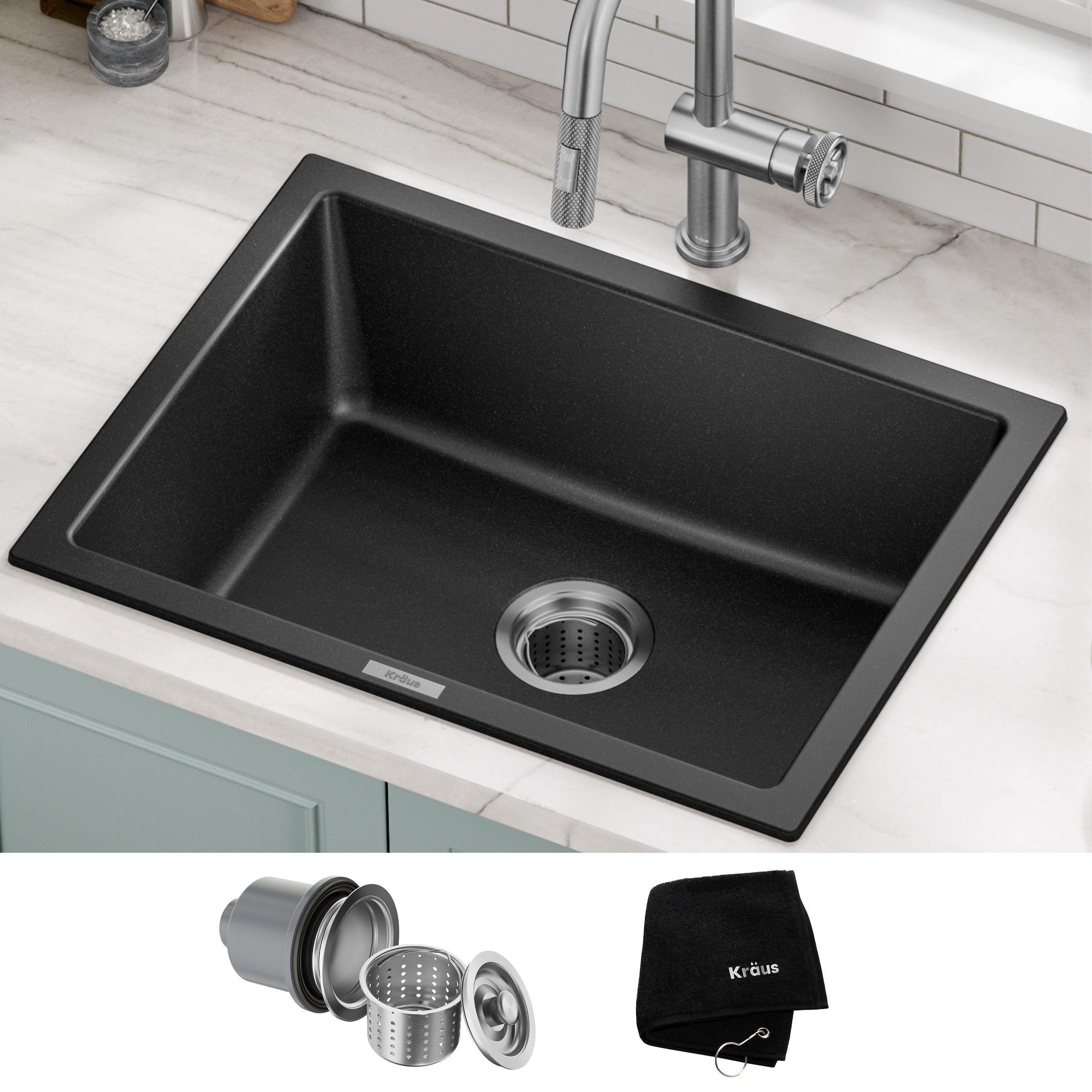 Kraus Kgd 410B Undermount Drop In Dual Mount 24 In 1 Bowl Granite Kitchen Sink Black Onyx Strainer Towel