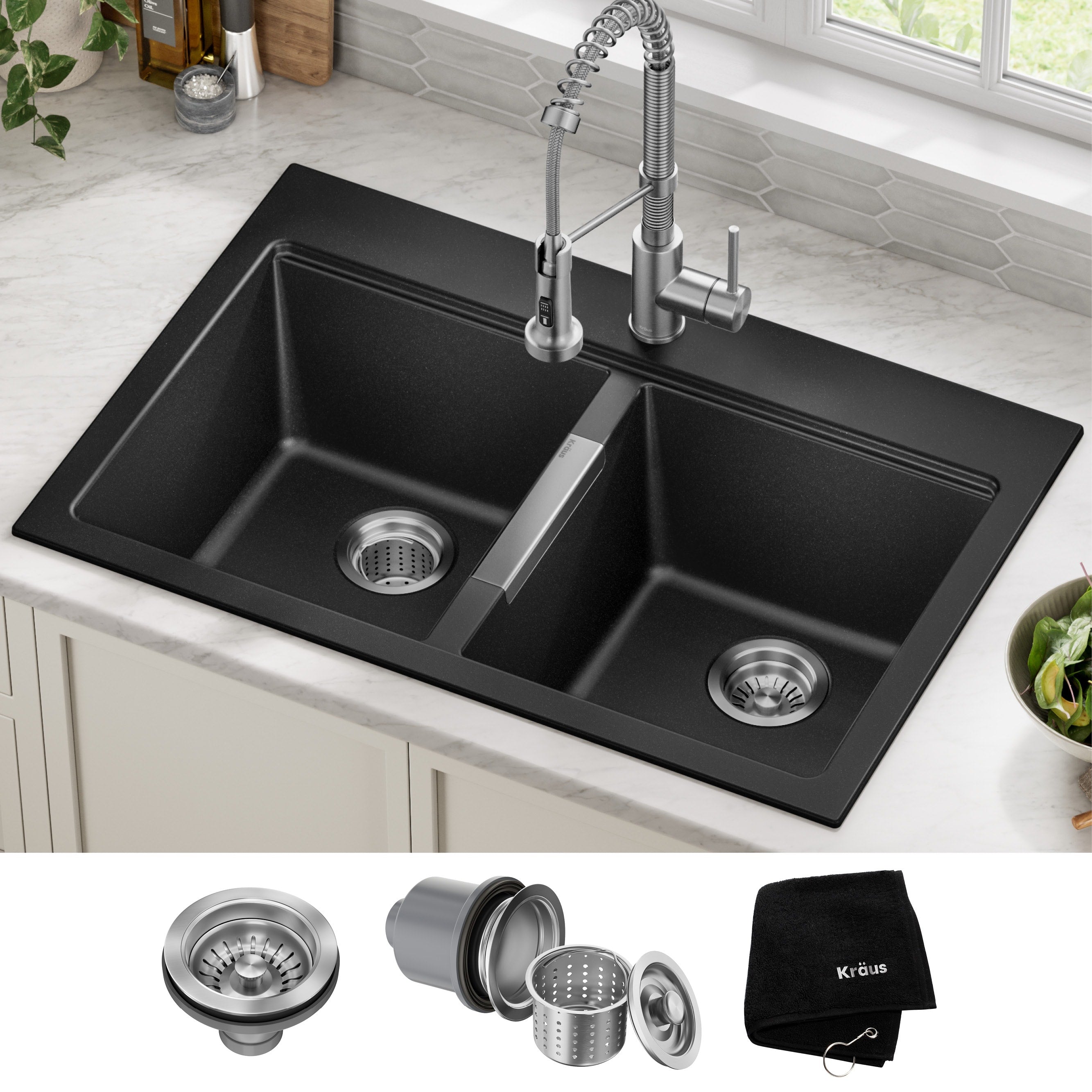 Kraus Kgd 433B Undermount Drop In Dual Mount 33 In 50 50 2 Bowl Granite Kitchen Sink Black Onyx Strainers Towels