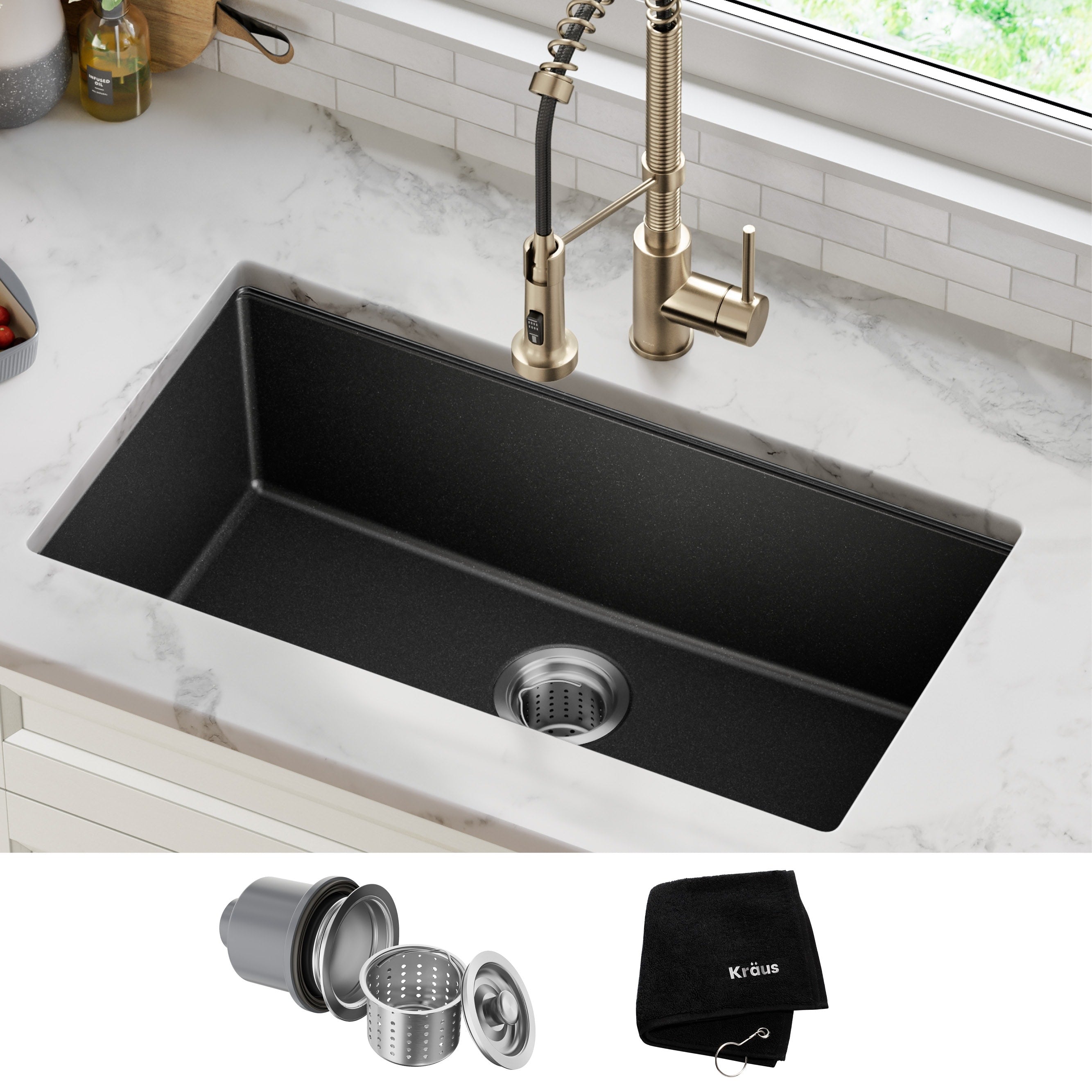 Kraus Kgu 413B Undermount 31 In 1 Bowl Granite Kitchen Sink Black Onyx Strainer Towel