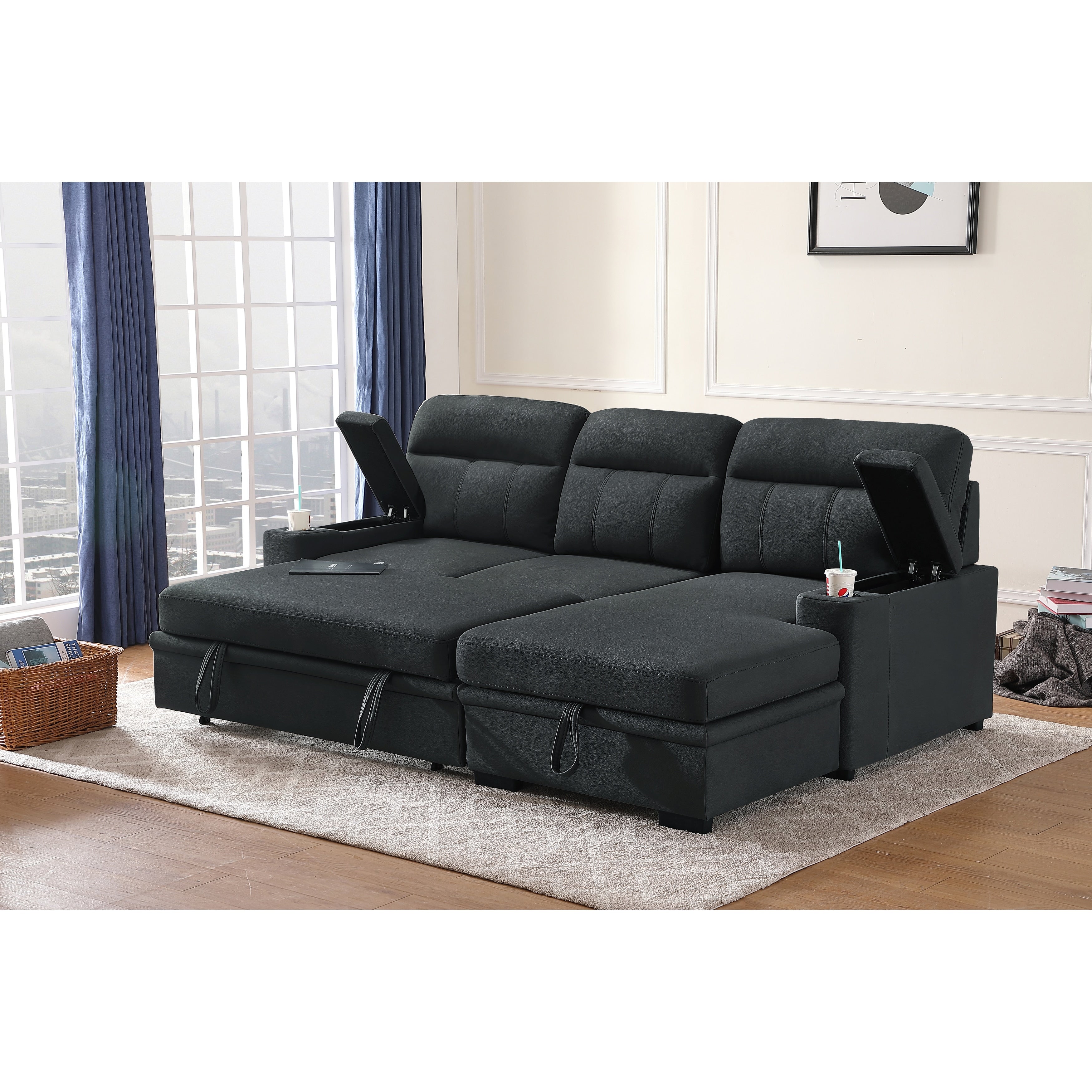 Kaden 93 Black Fabric Sleeper Sectional Sofa Chaise With Storage Arms And Cupholder