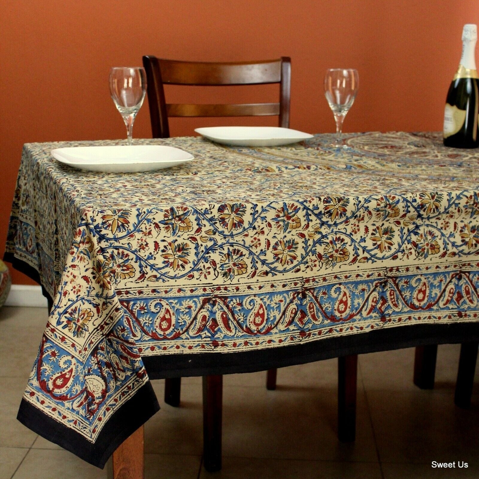 Kalamkari Block Print Tapestry Floral Paisley Mandala Cotton Coverlet Throw Bedspread Full Queen Blue Red