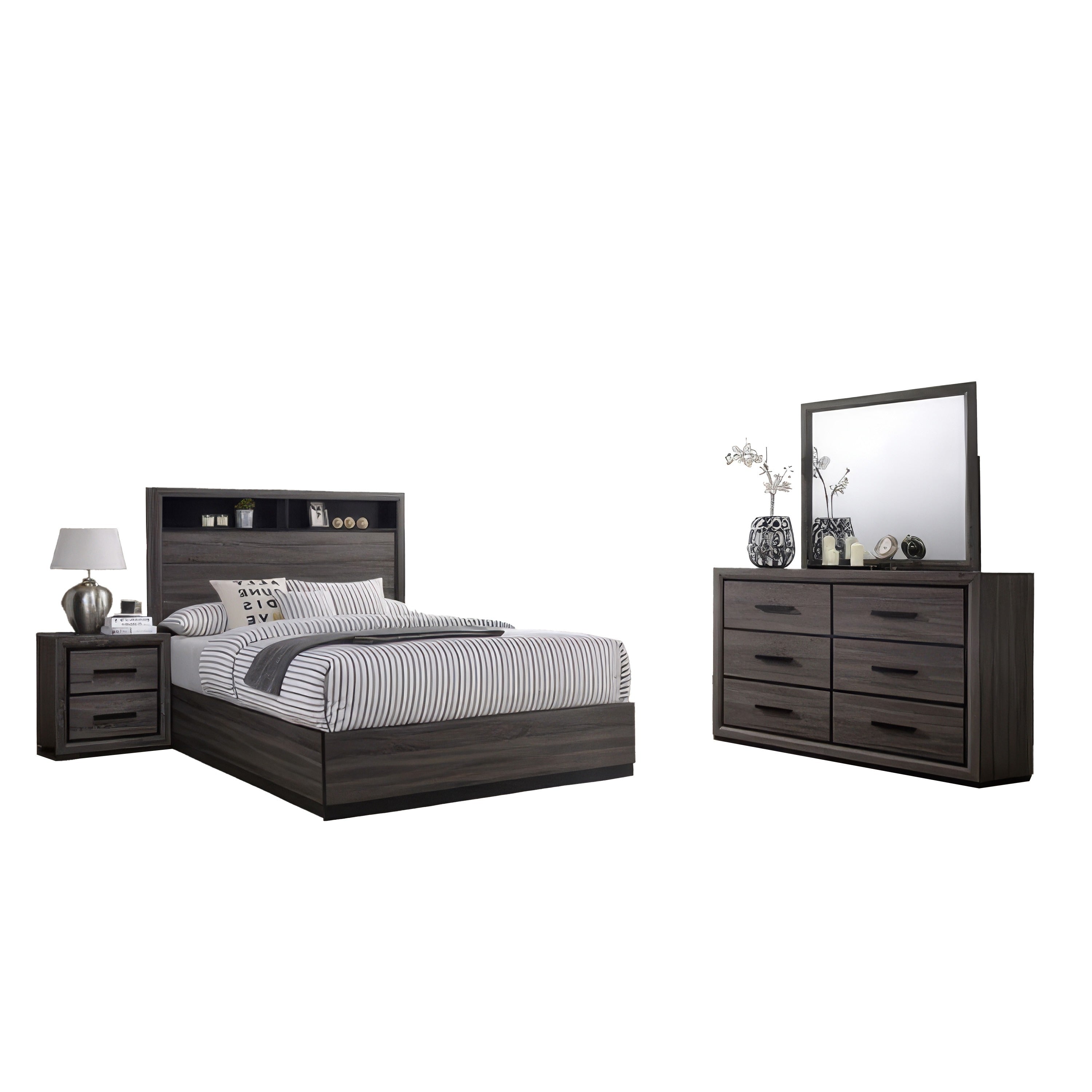 Kalie 4Pc Queen Bedroom Set With Bookcase Headboard Storage Gray Wood