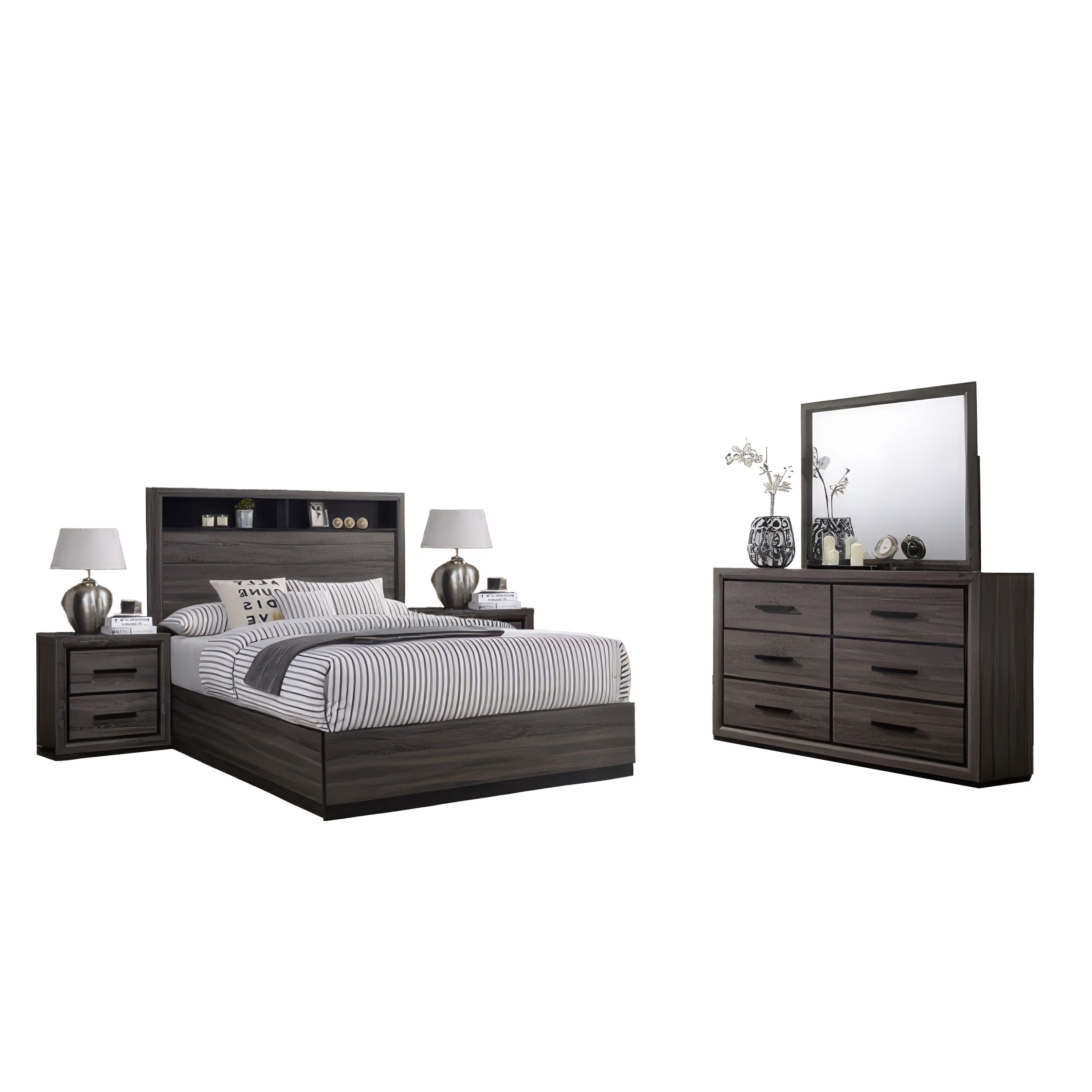 Kalie 5Pc Queen Bedroom Set With Bookcase Headboard 2 Nightstands Gray