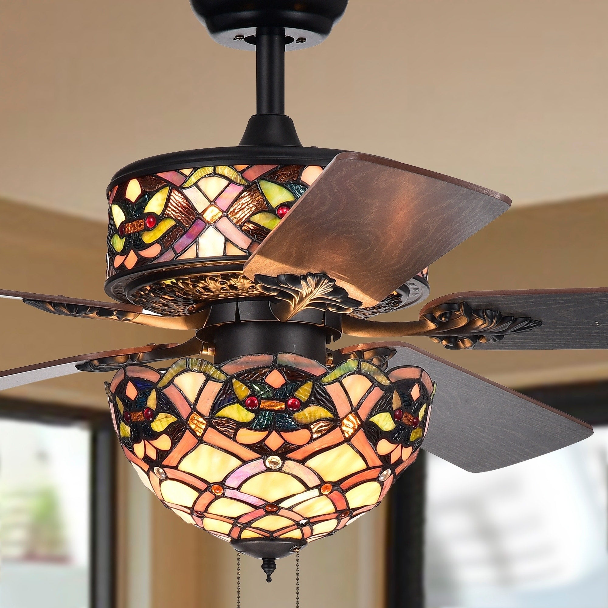 Kalsti 6 Light Lily Tiffany 5 Blade 52 Inch Matte Black Ceiling Fan