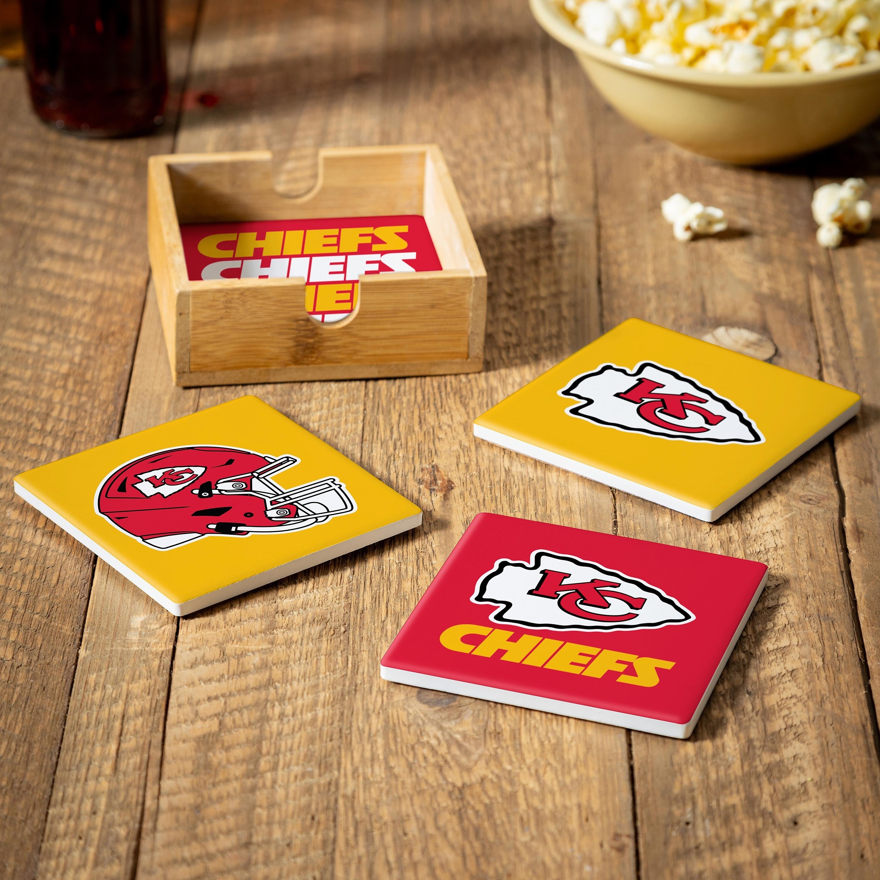 Kansas City Chiefs 4 Piece Ceramic Coasters Set With Wood Caddy