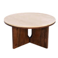 Kara Coffee Table 29 Inch Round Botticino Marble Top Brown Mango Wood 3 Panel Tripod Base