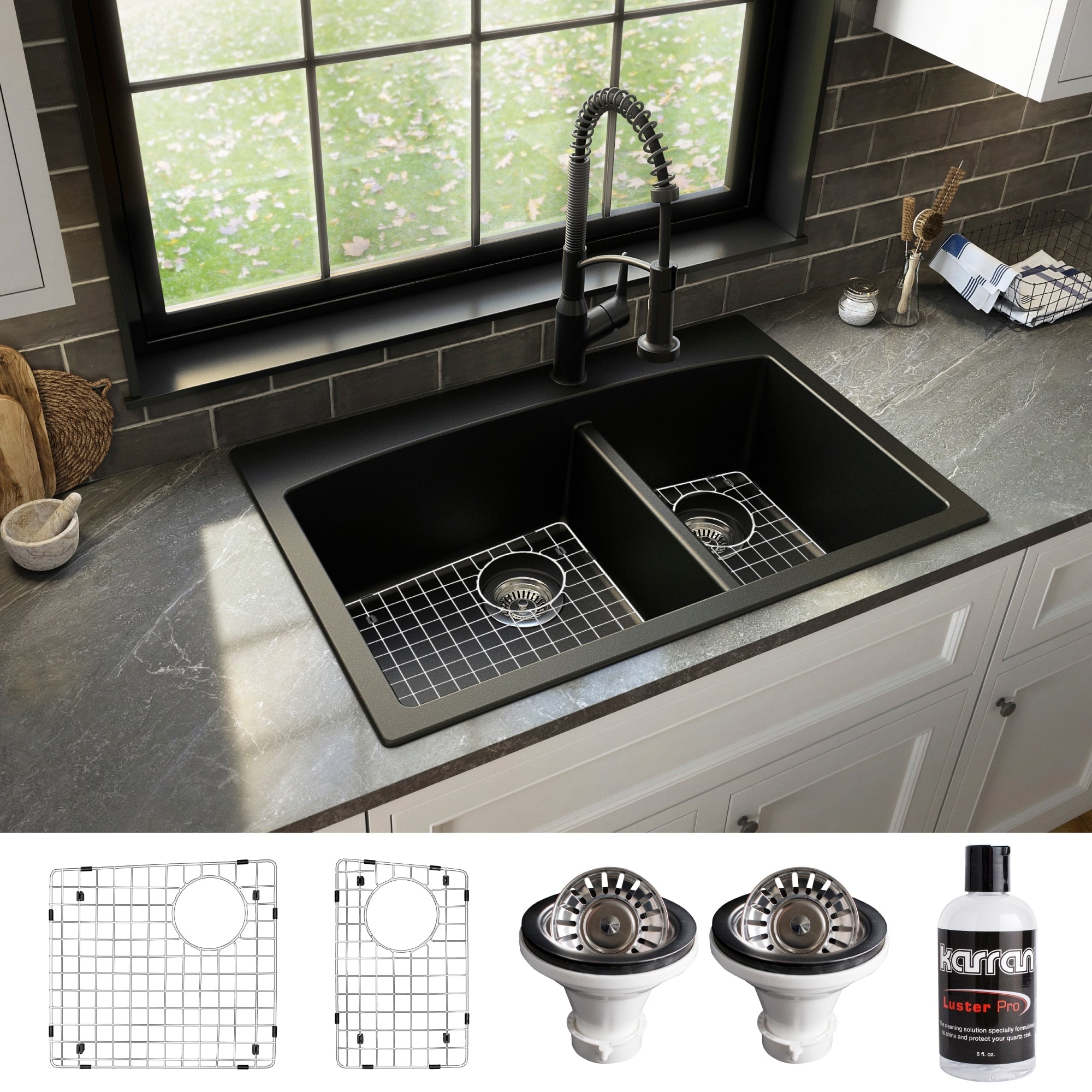 Karran Drop In Quartz 33 In. 1 Hole 60 40 Double Bowl Kitchen Sink Kit