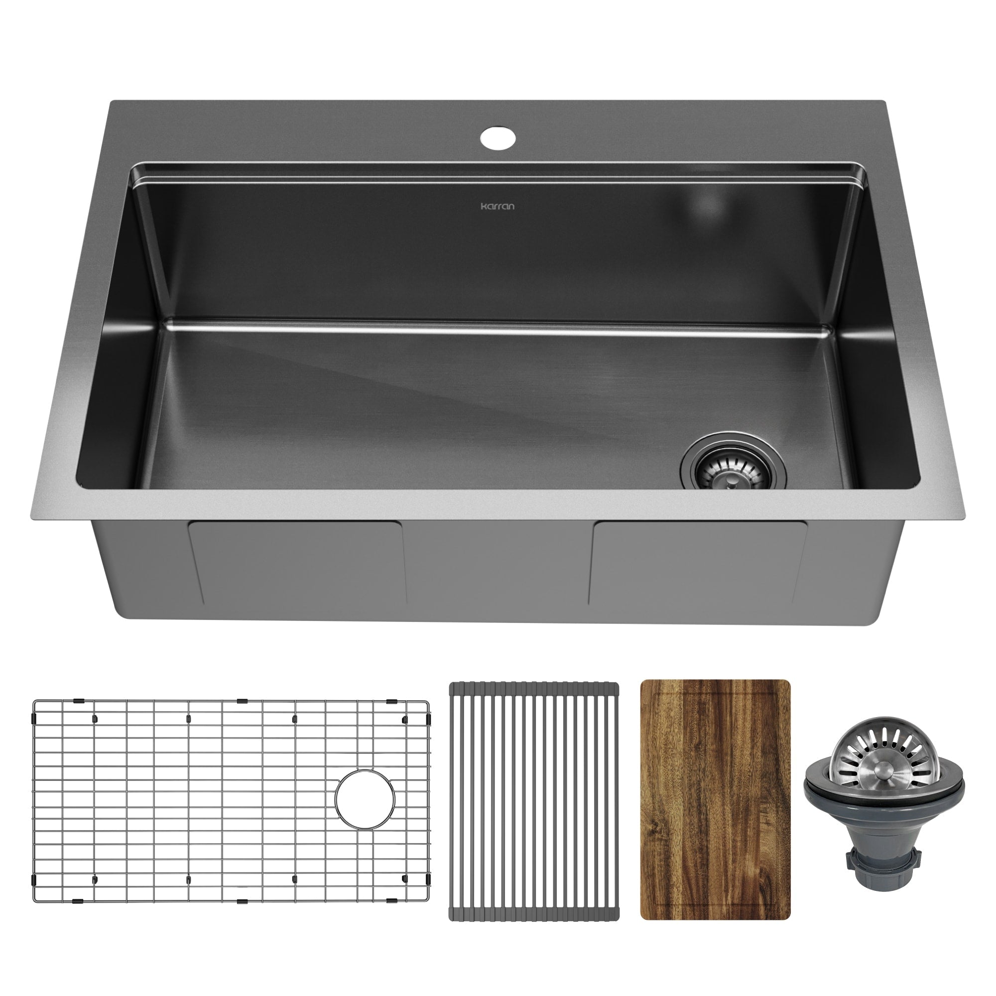 Karran Elite 33 Top Mount Workstation 16 Gauge Stainless Steel Single Bowl Kitchen Sink In Gunmetal Black