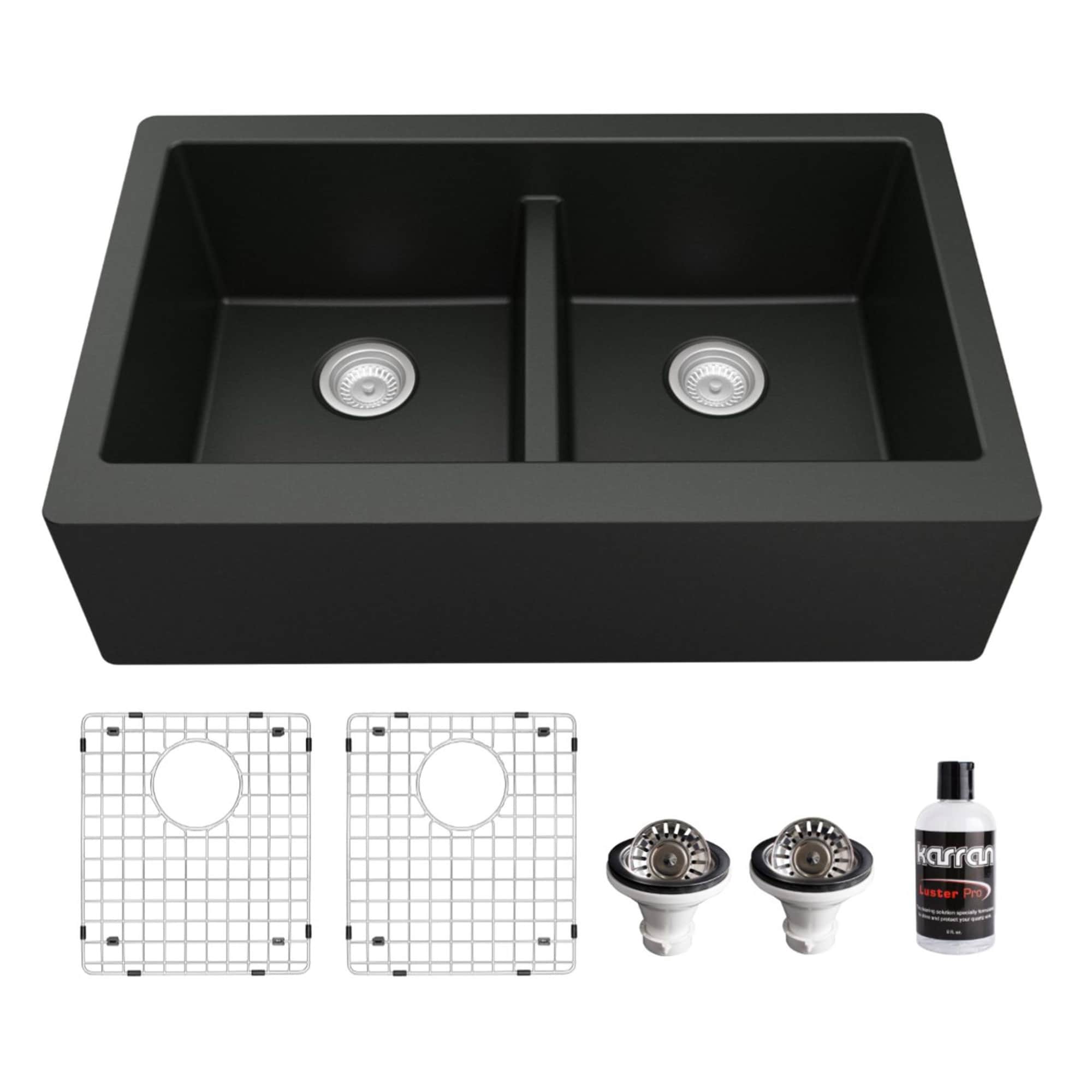 Karran Farmhouse Apron Front Quartz Double Bowl Kitchen Sink Kit