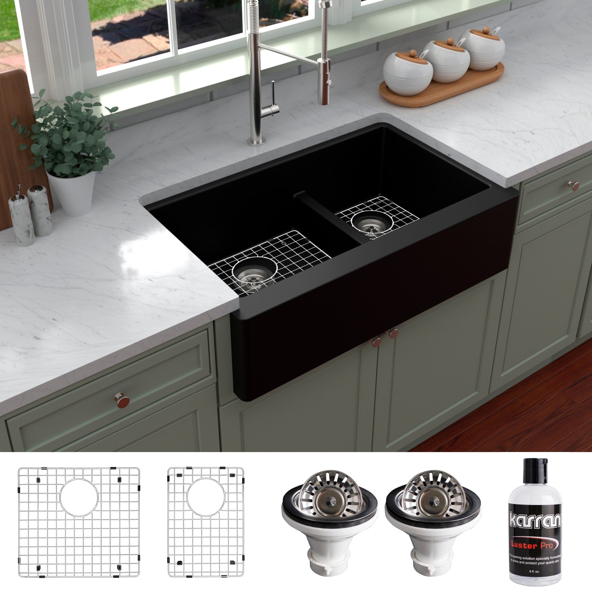 Karran Farmhouse Apron Front Quartz Double Bowl Kitchen Sink Kit
