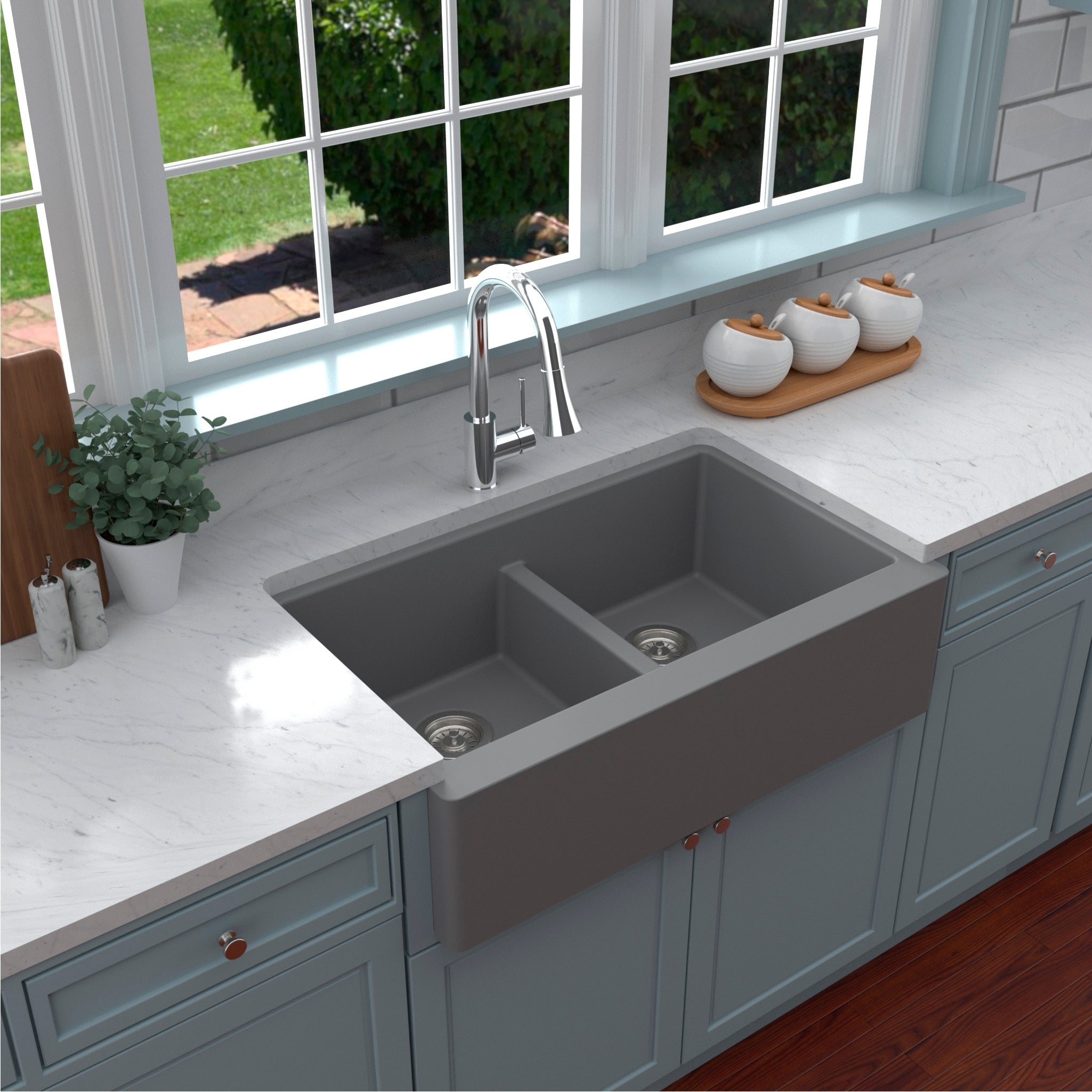 Karran Farmhouse Apron Front Quartz Double Bowl Kitchen Sink