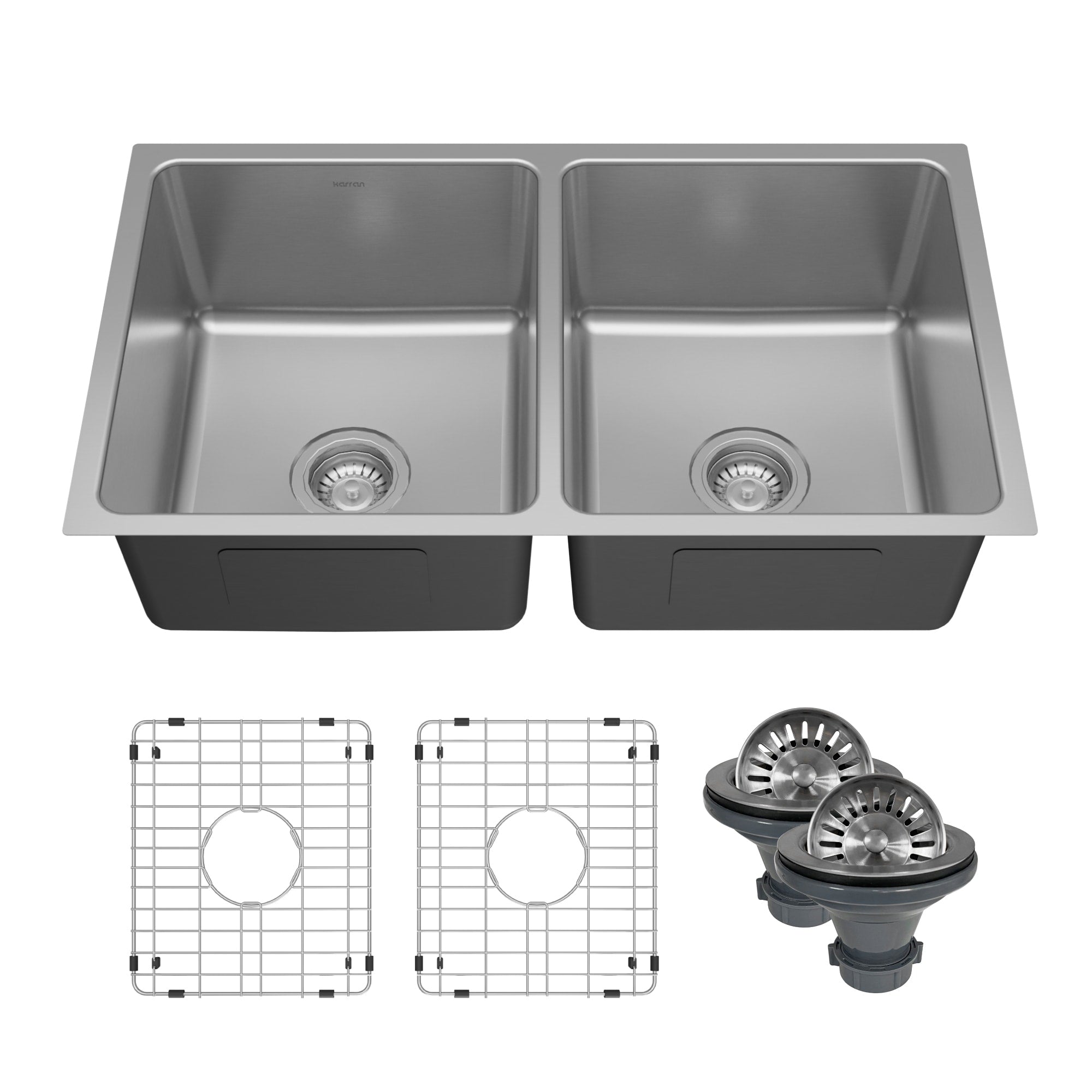 Karran Lansen 32 Undermount 18 Gauge Double Equal Bowl Stainless Steel Sink With Accessories