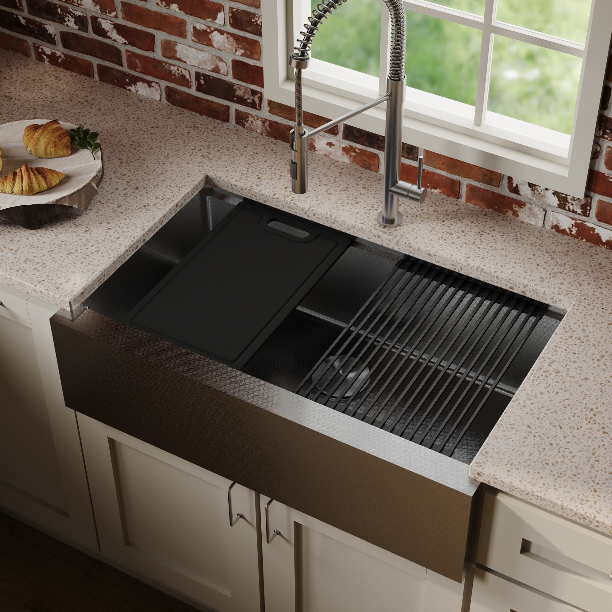 Karran Matrix 33 Apron Front Workstation 16 Gauge Single Bowl Stainless Steel Kitchen Sink With Accessories