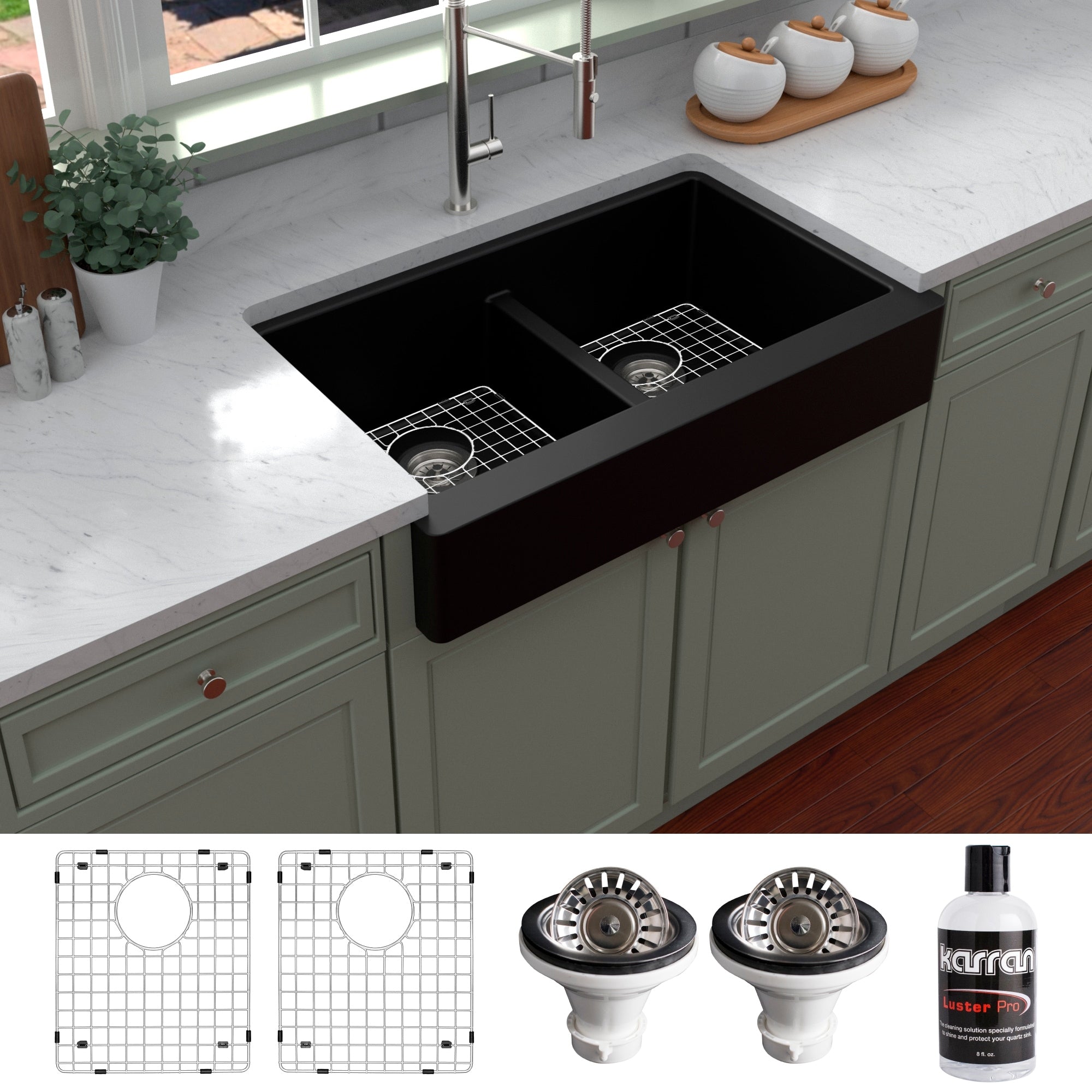 Karran Retrofit Farmhouse Quartz 34 In. Double Bowl 50 50 Sink Kit