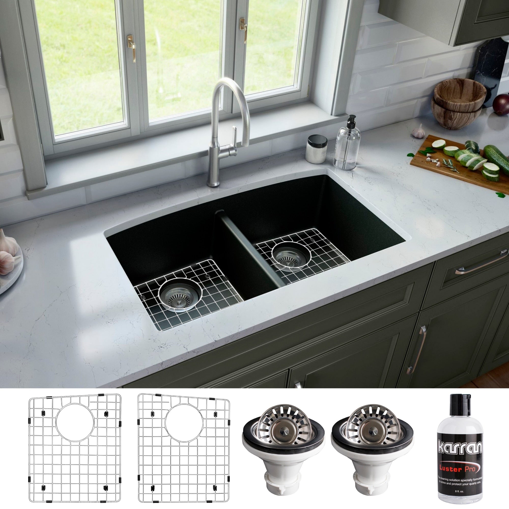 Karran Undermount Quartz 32 In. 50 50 Double Bowl Kitchen Sink Kit
