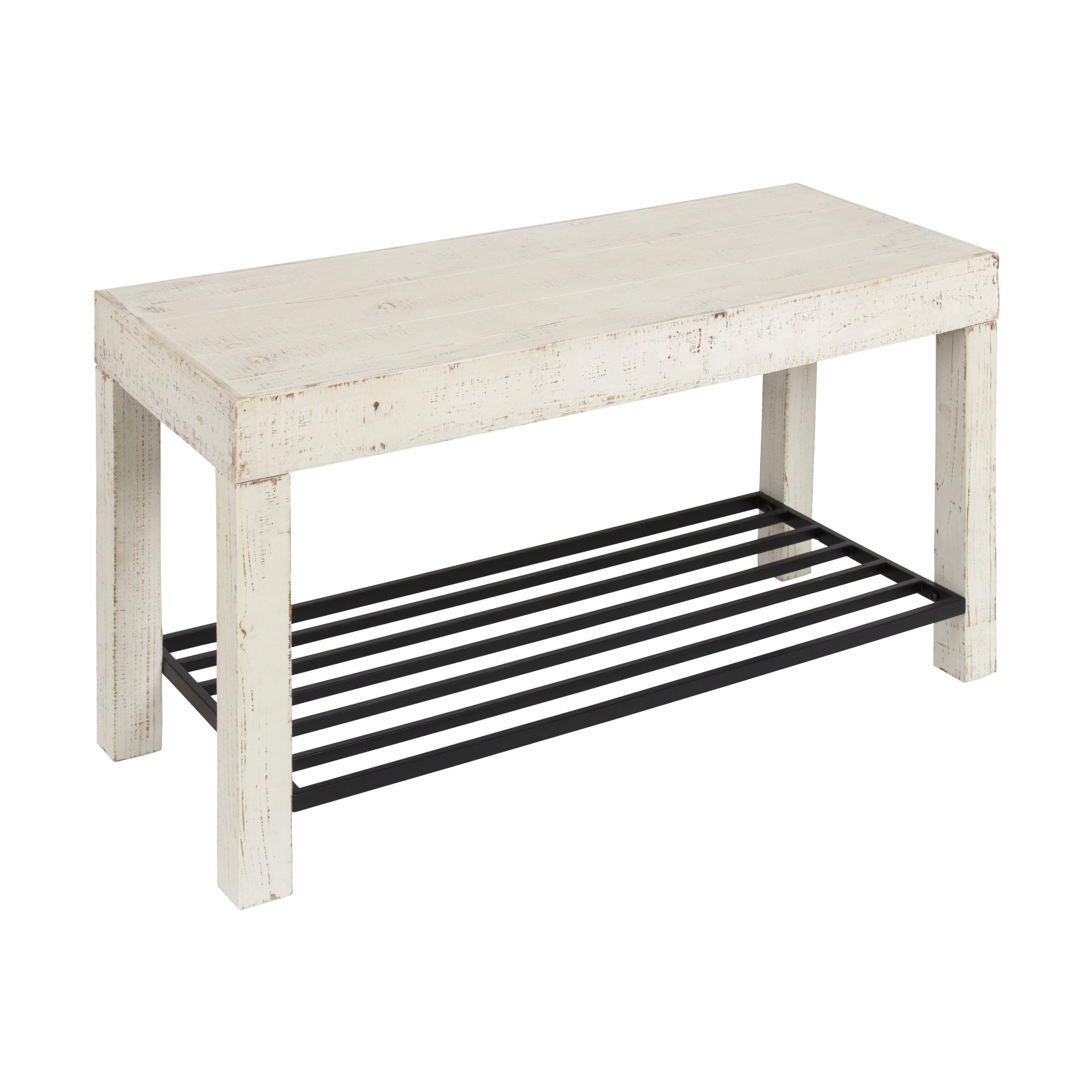 Kate And Laurel Jeran White Wood Farmhouse Entryway Bench With Iron Shoe Shelf