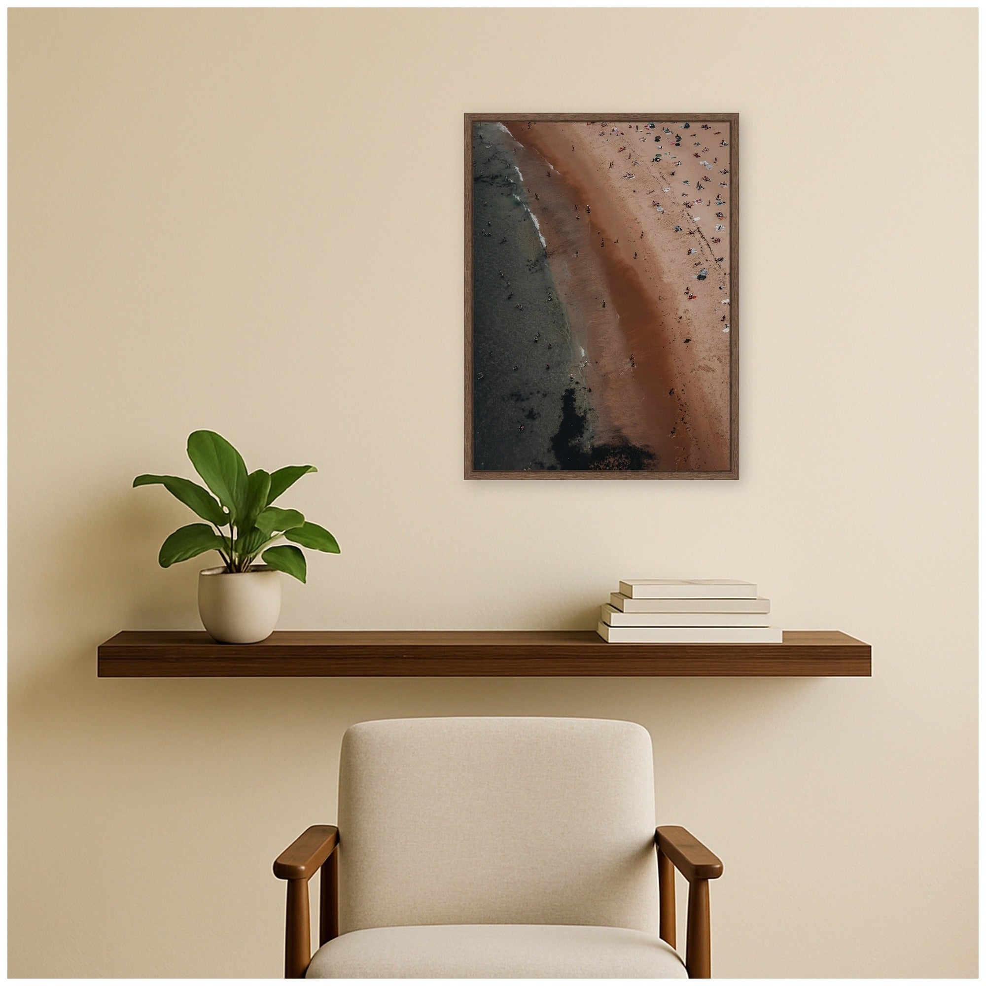 Kate And Laurel Beach Day Aerial View Sandy Shore Coast By Laura Moss Framed Canvas Wall Art Print