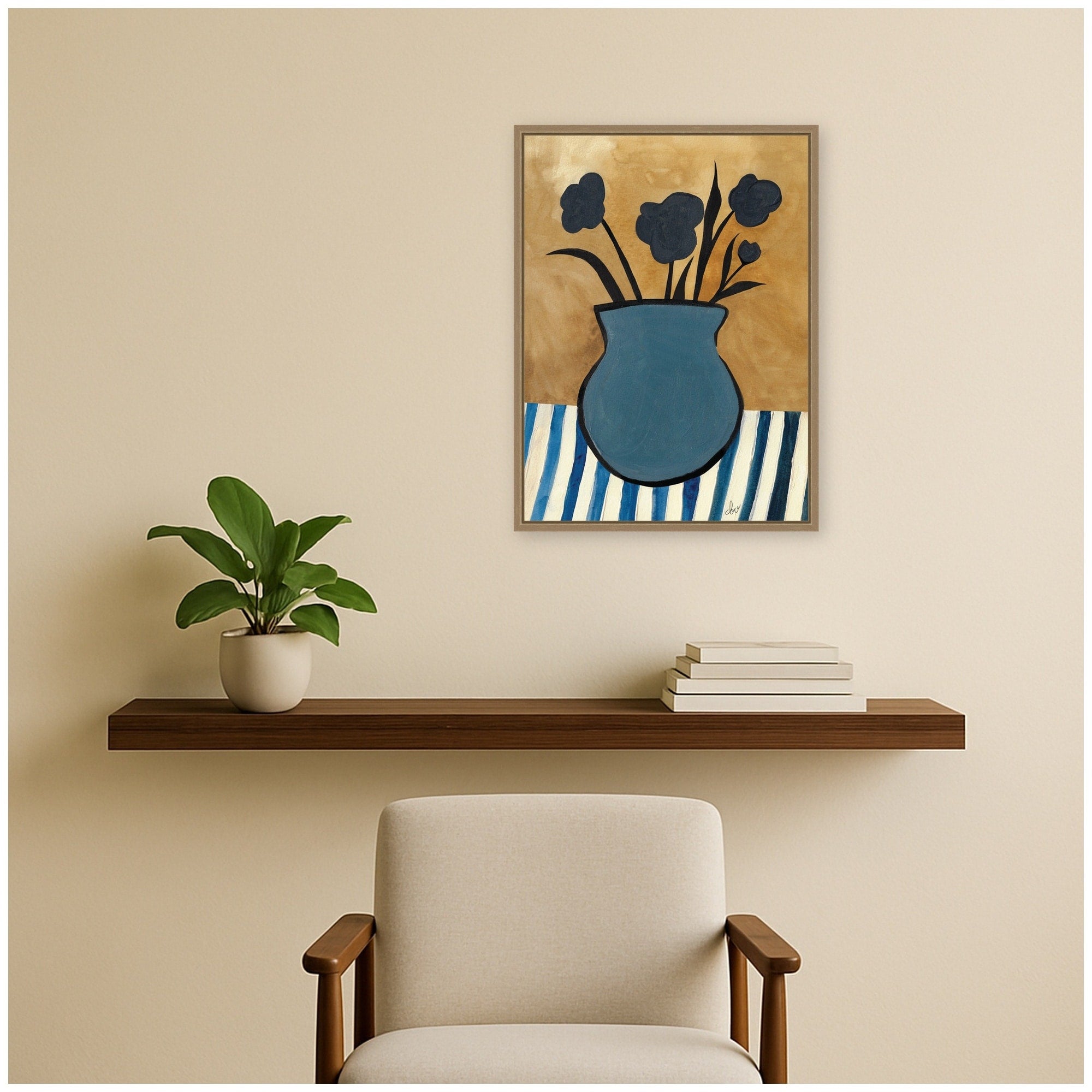 Kate And Laurel Black Flowers In Blue Vase By Cris Villa Studio Framed Canvas Wall Art Print