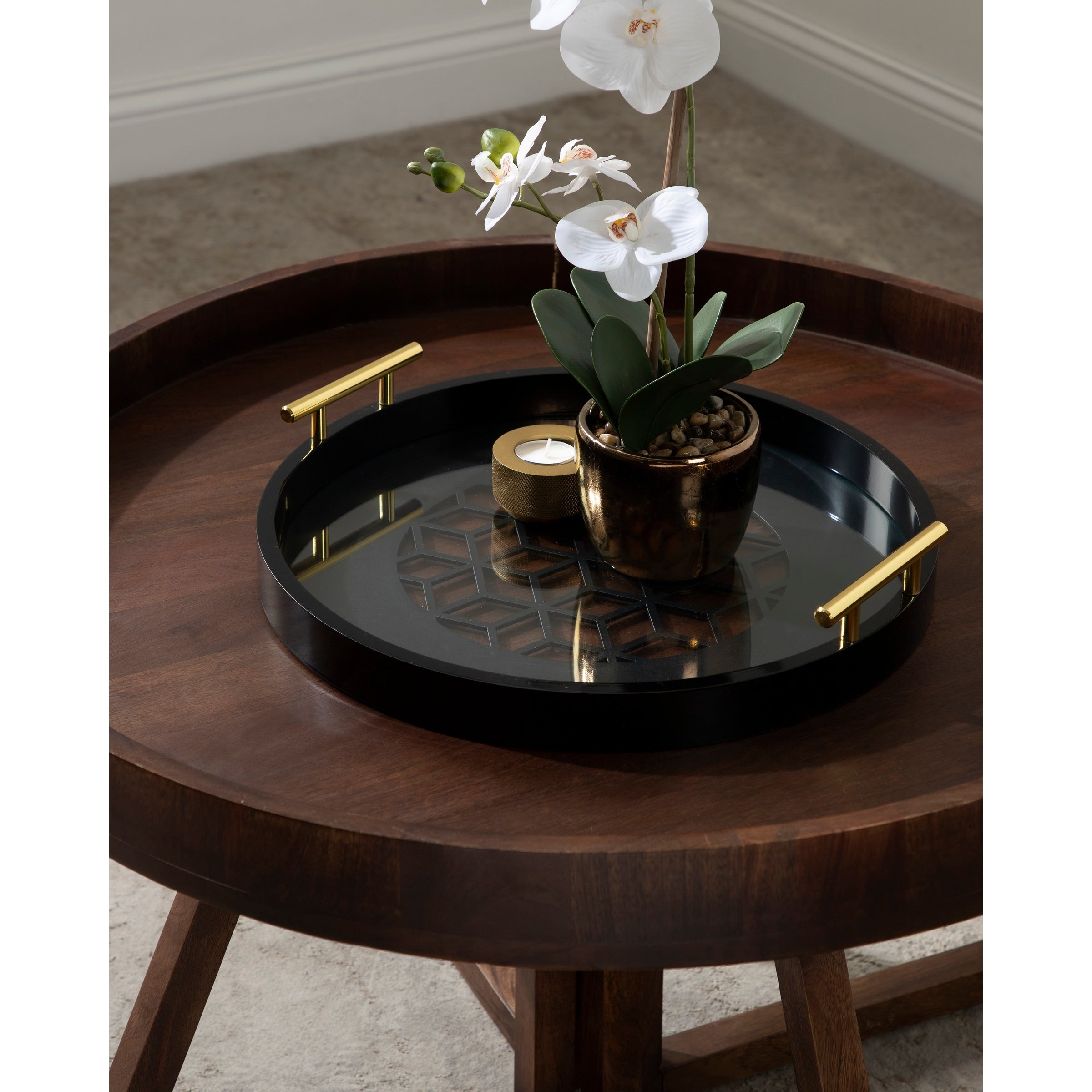 Kate And Laurel Caspen Round Cut Out Pattern Decorative Gold Metal Handles Tray
