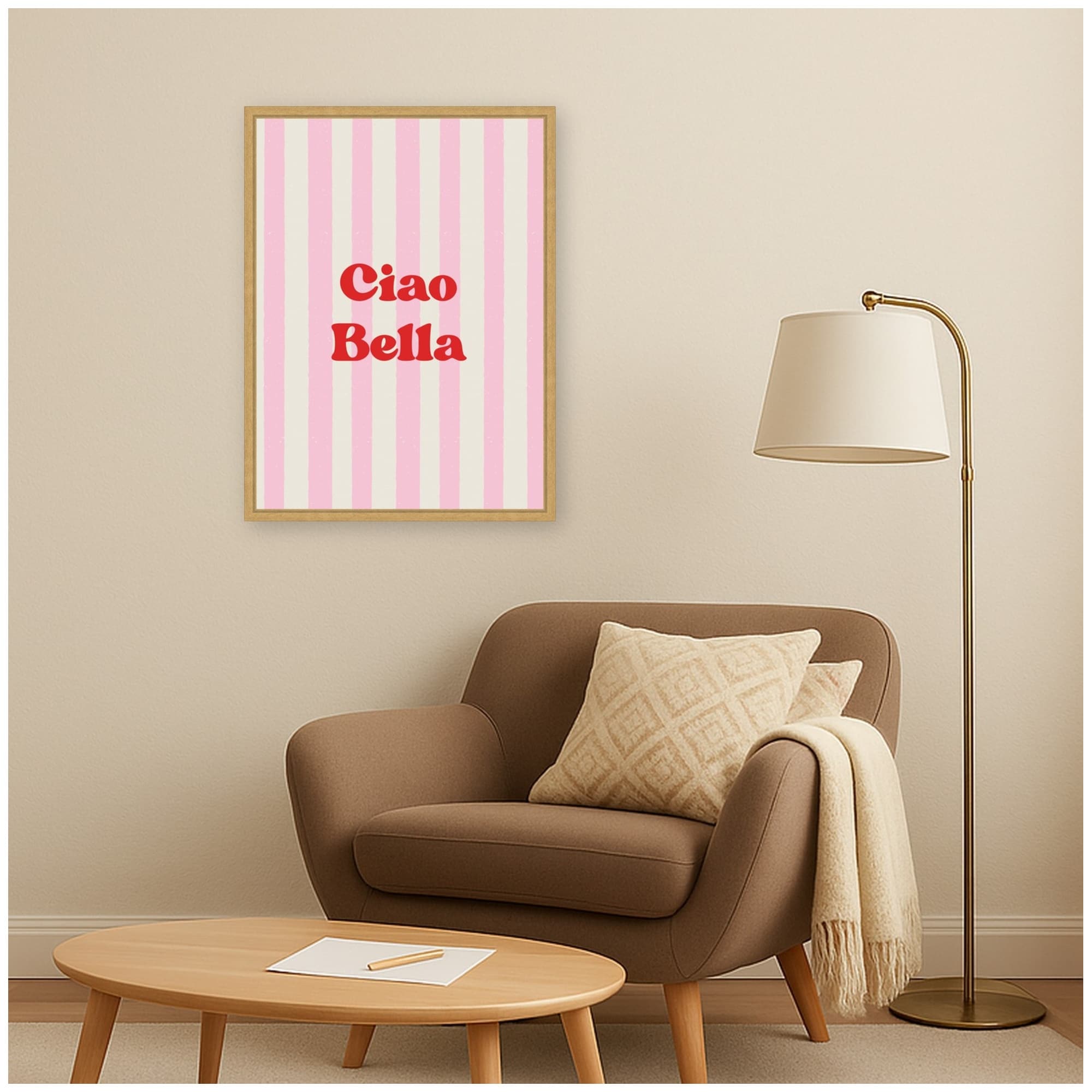 Kate And Laurel Ciao Bella Pink Striped Bold Typography By Laura Moss Framed Canvas Wall Art Print
