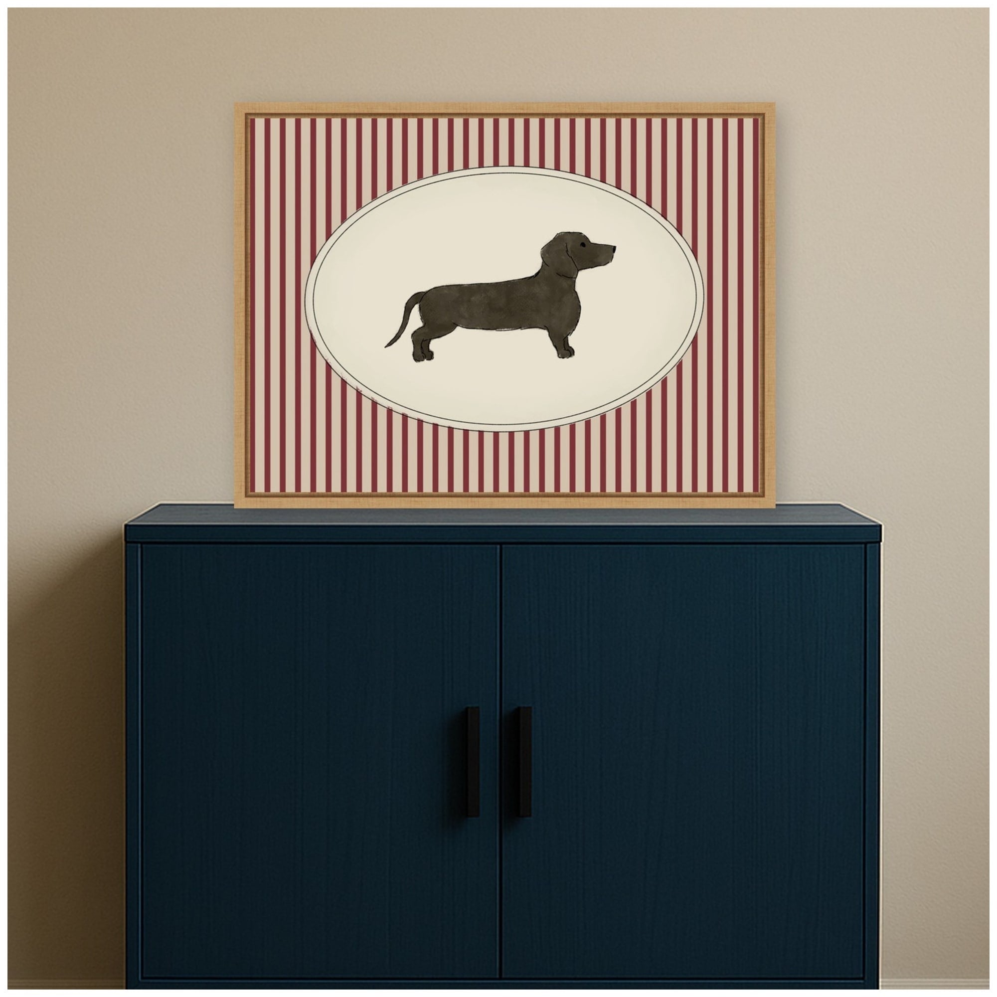 Kate And Laurel Dachshund Sketch Red Stripes By Molly Dillon From The Lil Dills Shop Framed Canvas Wall Art Print