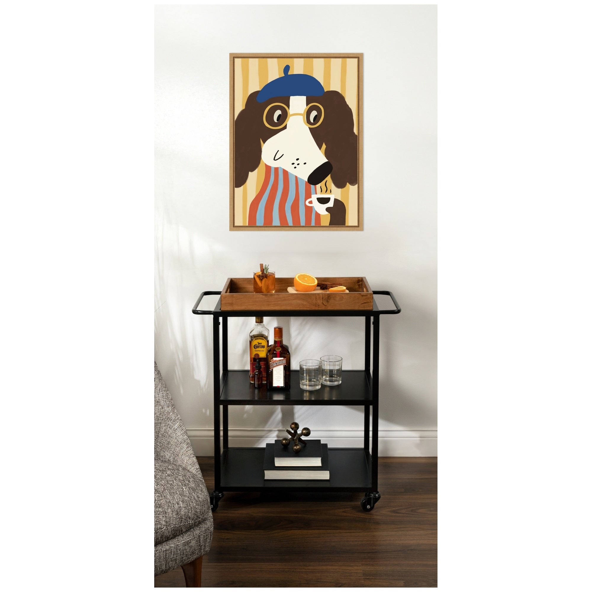 Kate And Laurel Dog With Cup Of Coffee By Laura Moss Framed Canvas Wall Art Print