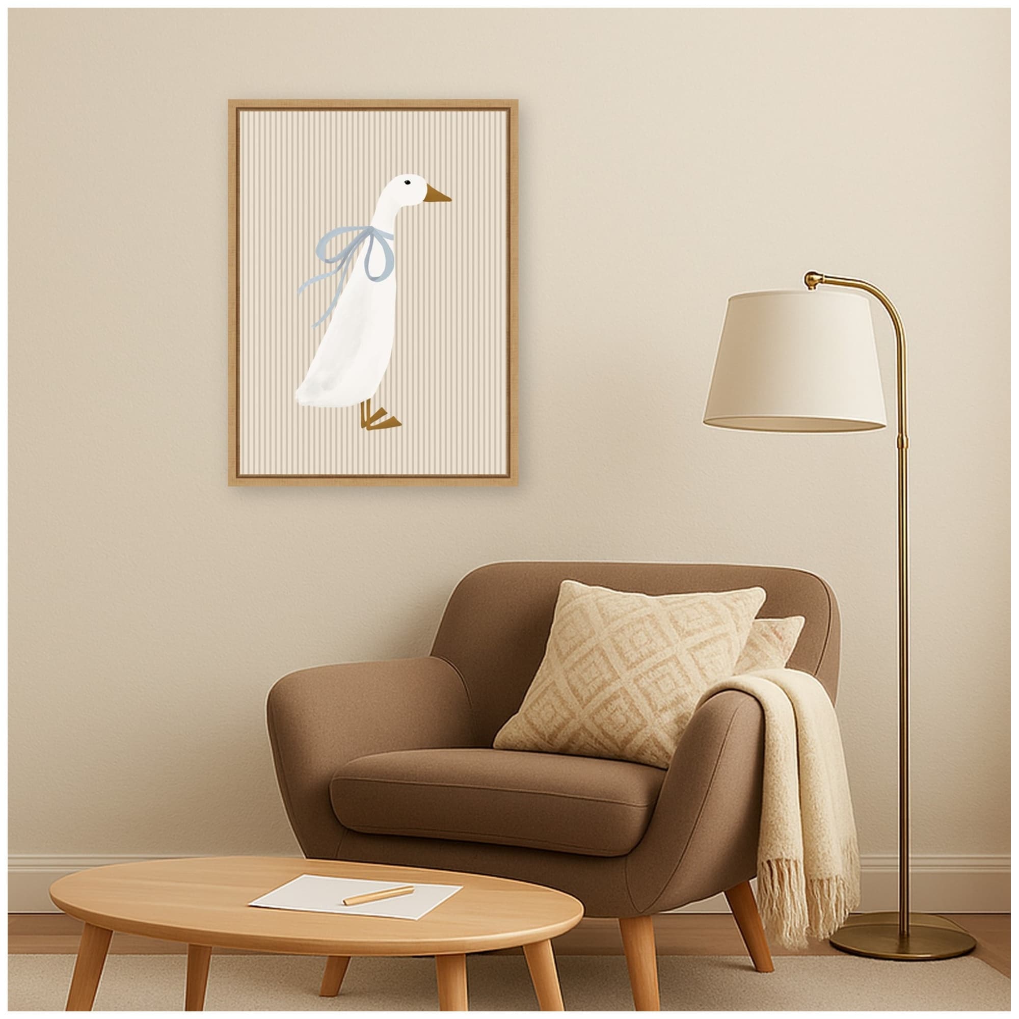 Kate And Laurel Duck Blue Bow Beige Stripes By Molly Dillon From The Lil Dills Shop Framed Canvas Wall Art Print