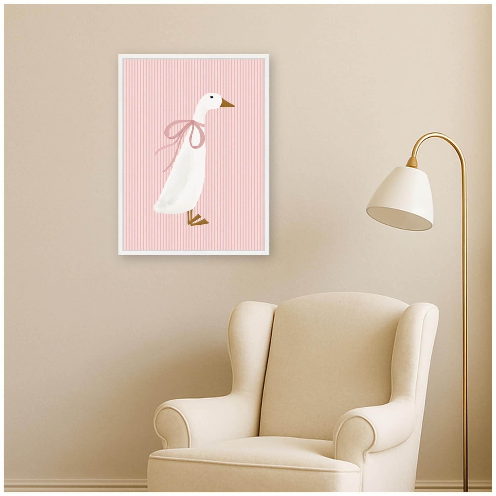 Kate And Laurel Duck Pink Bow Pink Stripes By Molly Dillon From The Lil Dills Shop Framed Canvas Wall Art Print