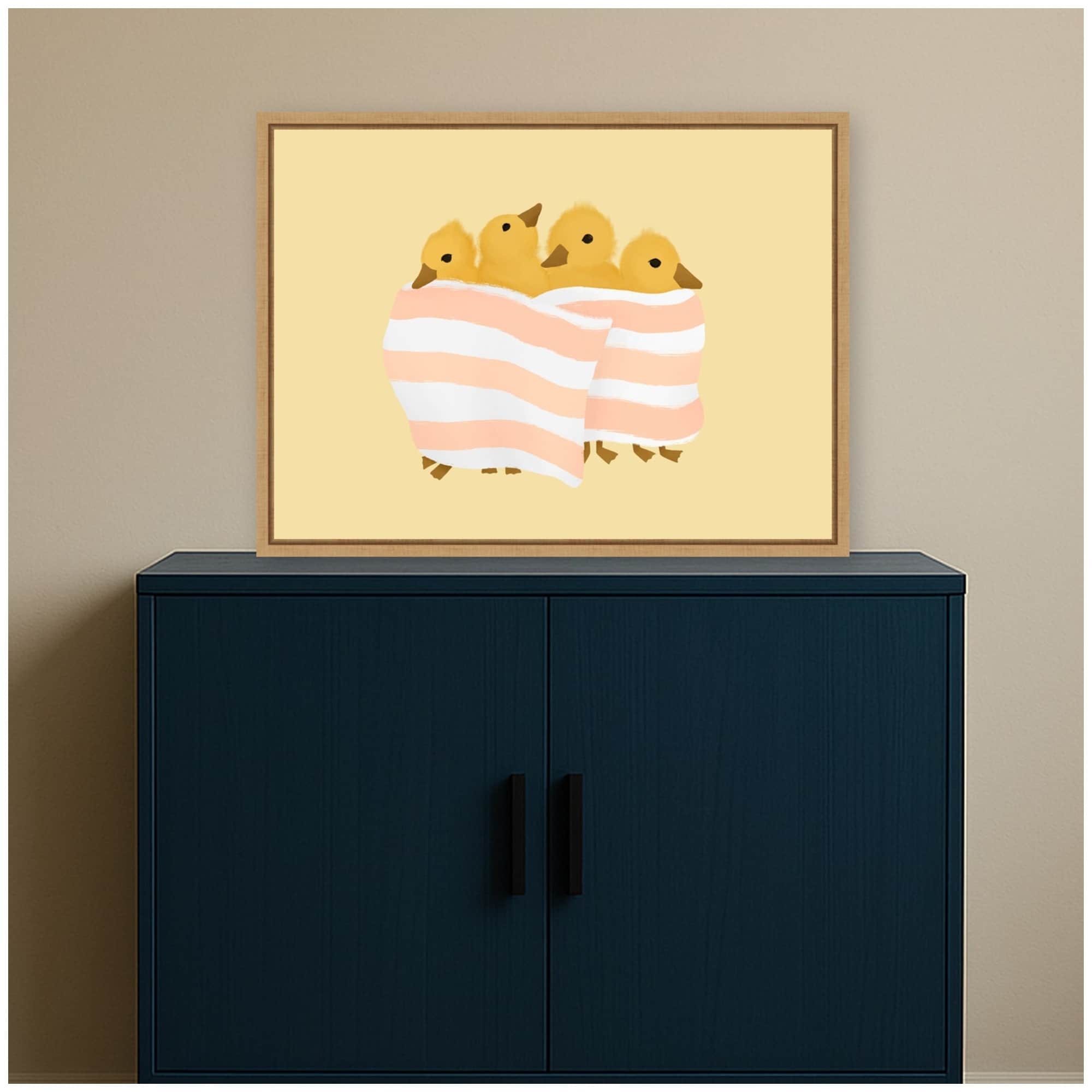 Kate And Laurel Ducklings Peach Stripe Towel By Molly Dillon From The Lil Dills Shop Framed Canvas Wall Art Print