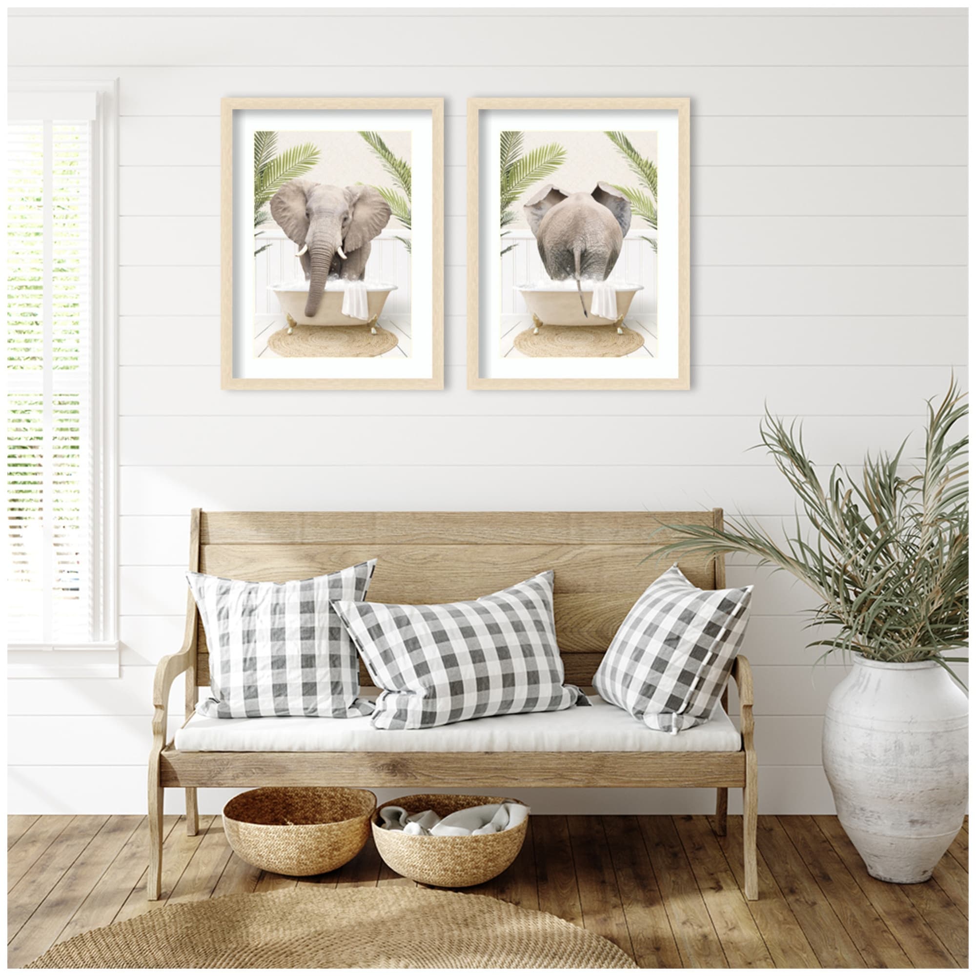 Kate And Laurel Elephant Palm Bathtub 2 Piece Framed Wall Art Print Set By Amy Peterson
