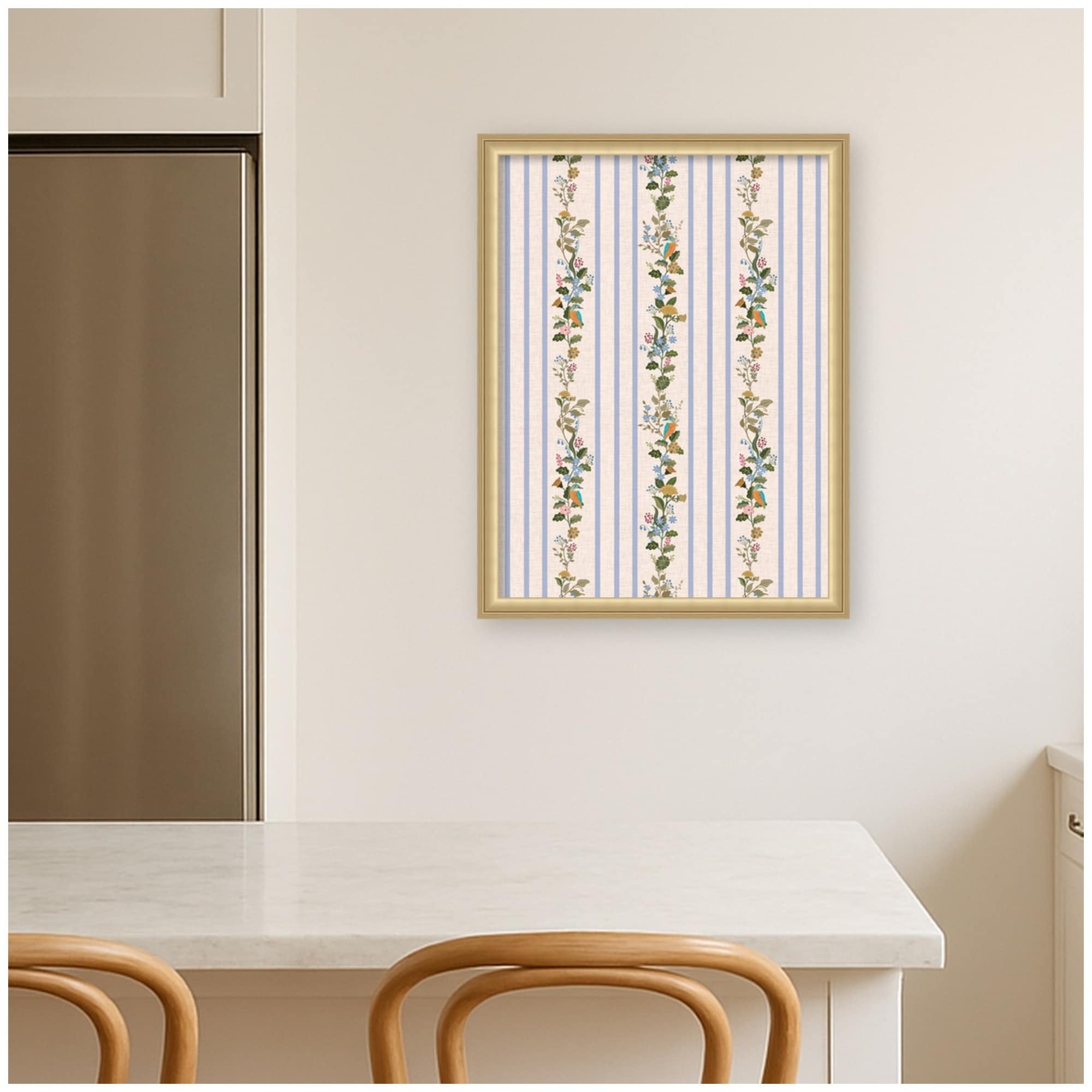 Kate And Laurel Framed Fabric Pinboard Mc Striped Botanical Birds Singing Printed Bulletin Board