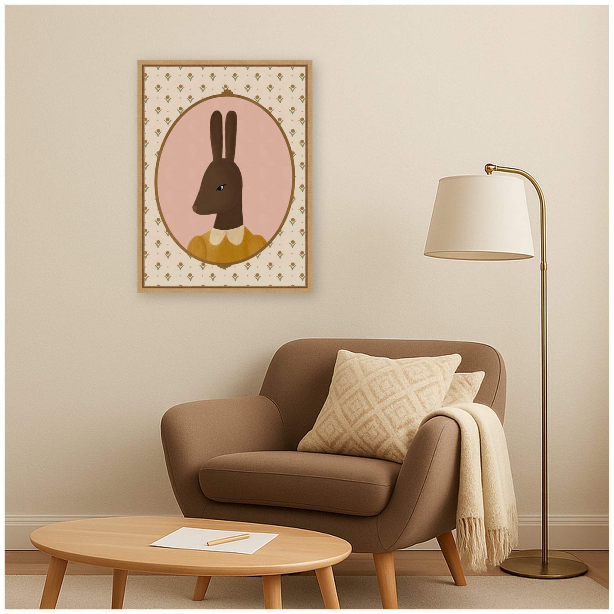 Kate And Laurel Girl Rabbit Portrait Brown Yellow By Molly Dillon From The Lil Dills Shop Framed Canvas Wall Art Print