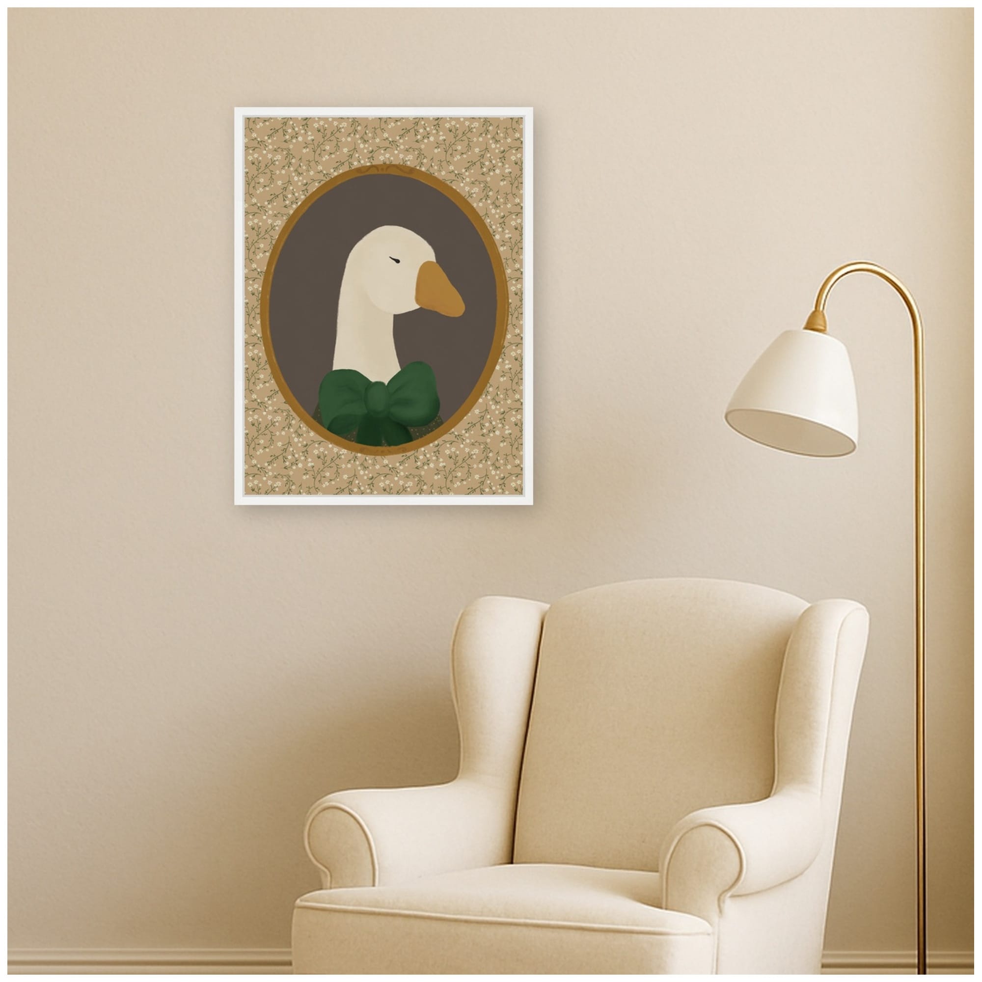 Kate And Laurel Goose Girl Portrait Green Bow Floral By Molly Dillon From The Lil Dills Shop Framed Canvas Wall Art Print