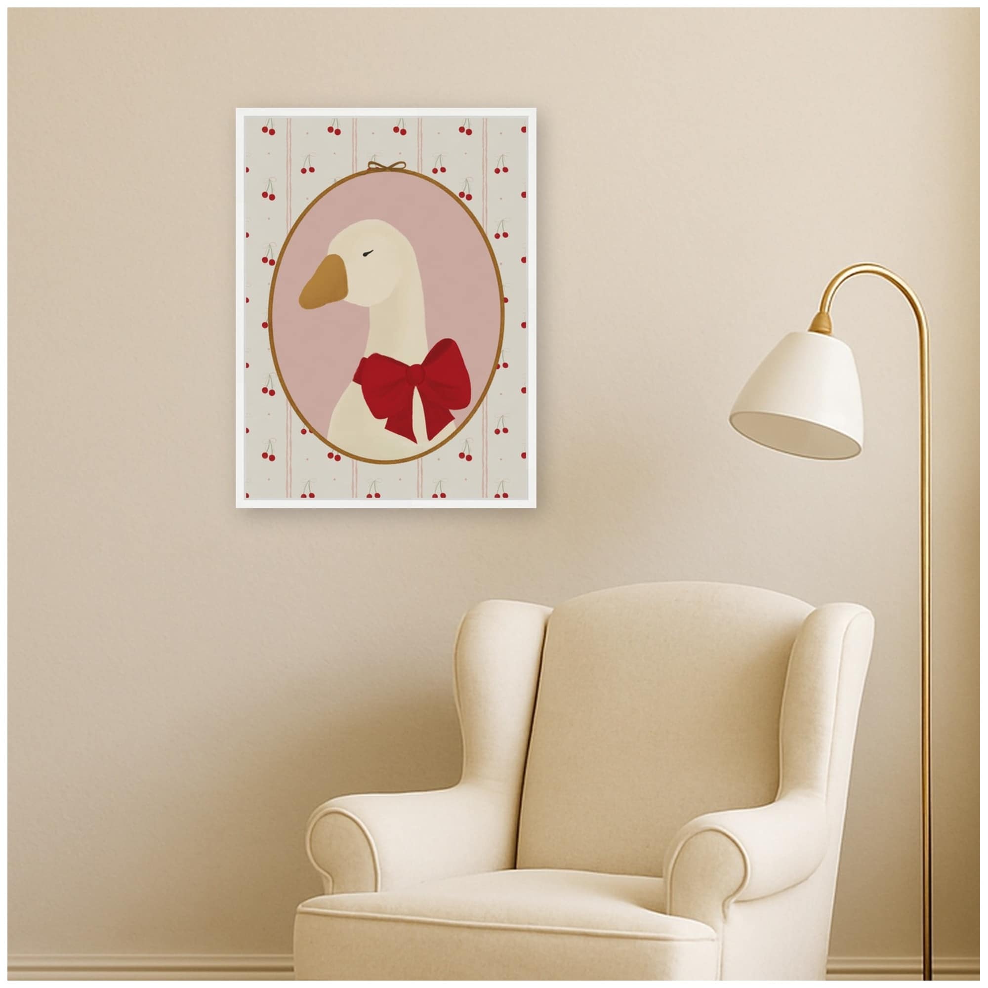 Kate And Laurel Goose Portrait Red Bow Cherries By Molly Dillon From The Lil Dills Shop Framed Canvas Wall Art Print