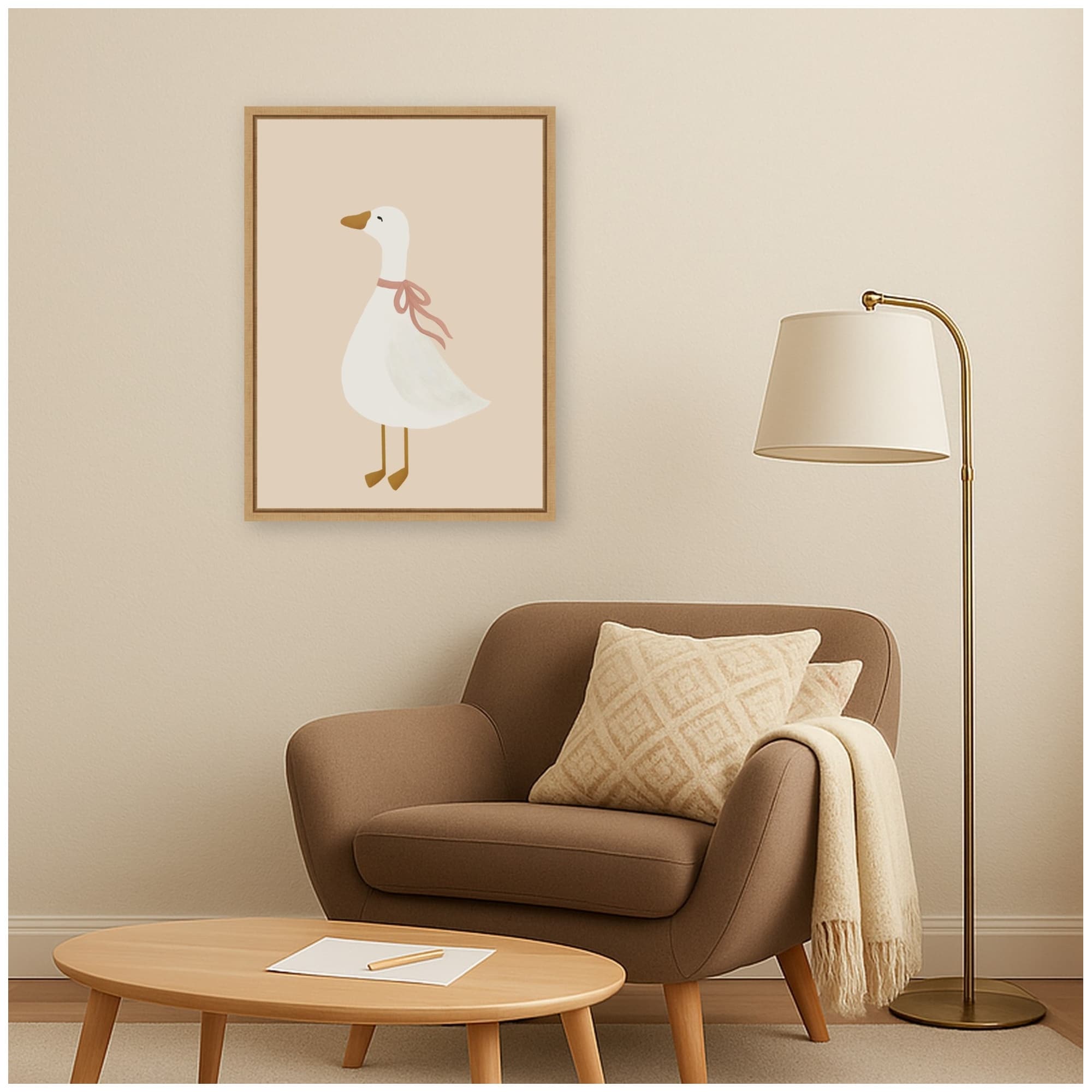 Kate And Laurel Goose Standing Pink Bow Beige By Molly Dillon From The Lil Dills Shop Framed Canvas Wall Art Print