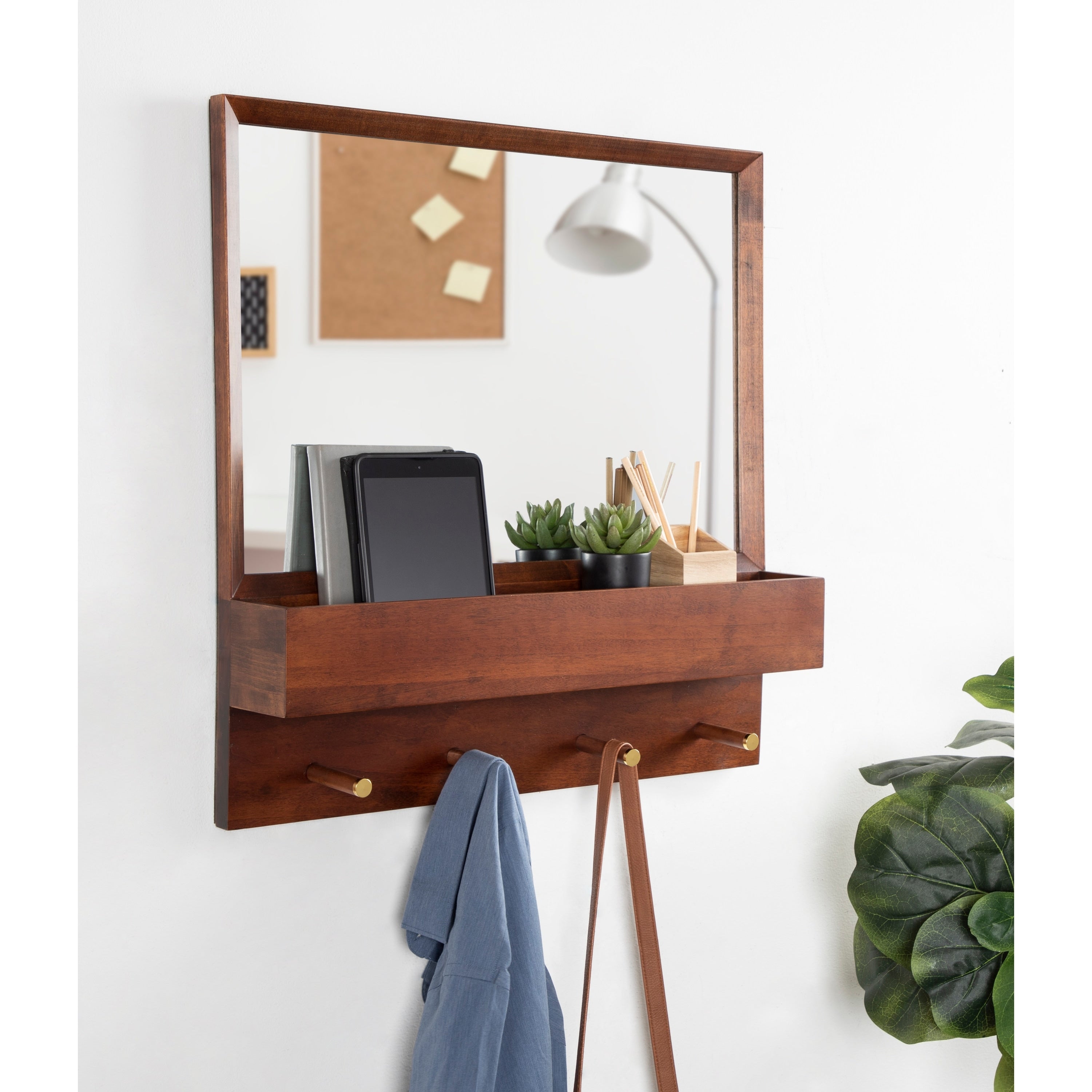 Kate And Laurel Hinter Wall Mirror With Shelf And Pegs Walnut Brown 24X24